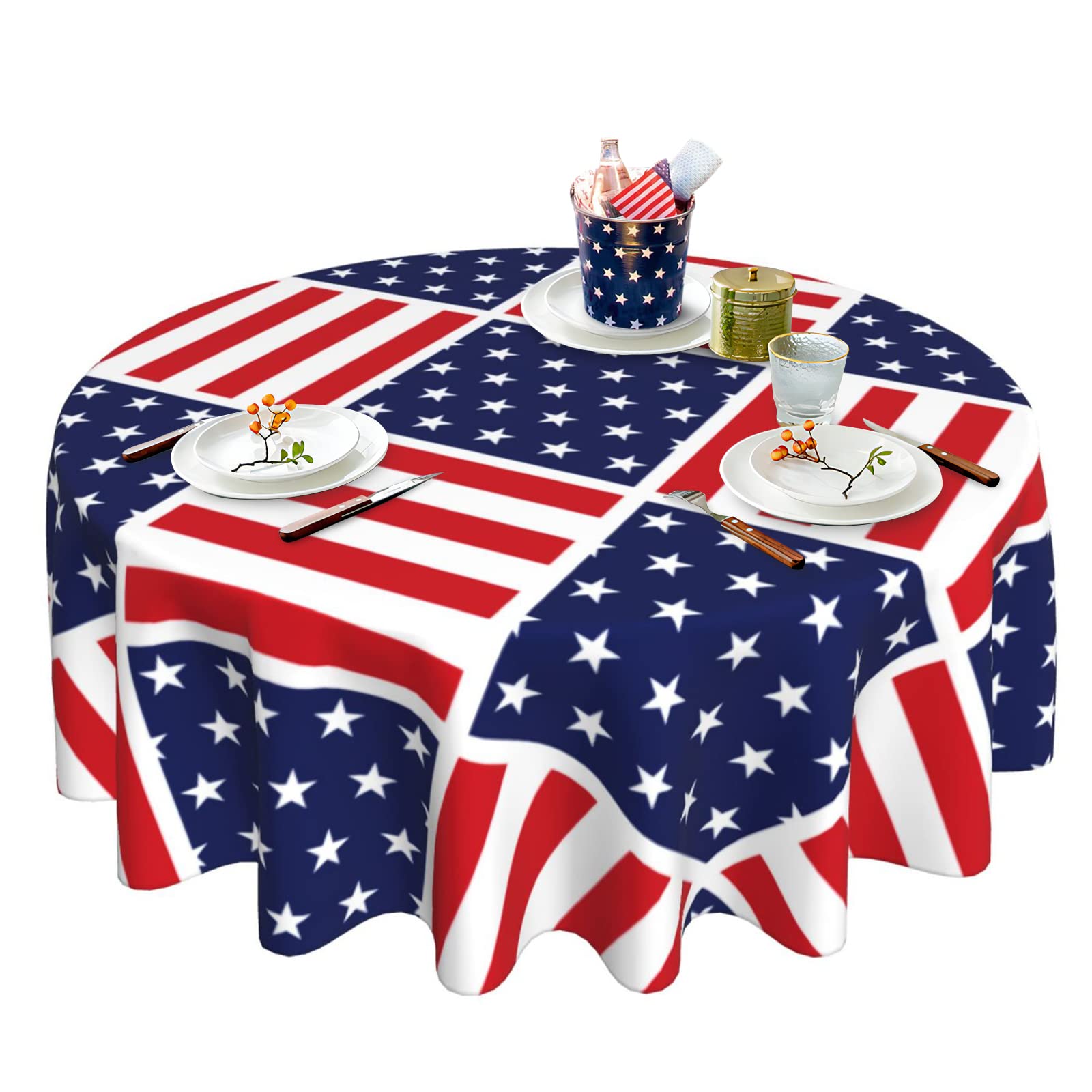 Patriotic Tablecloth 4th of July Table Cloth Round Tablecloth 60 Inch Washable Table Cover Reused American Flag Tablecloth for Memorial Day Dinner Picnic Outdoor Party Dining Room Table Decor