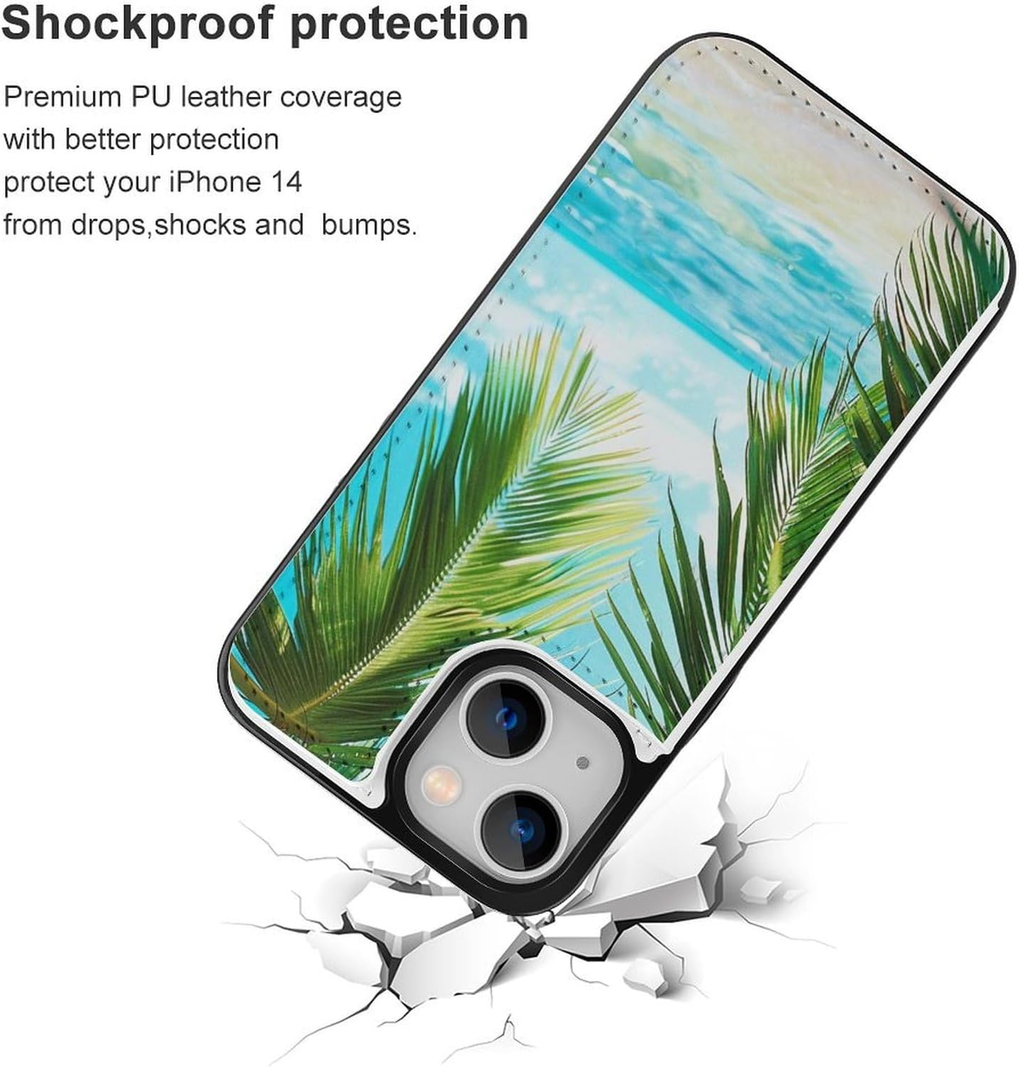 Tropical Beach Plant Theme Print Flip Phone Wallet Case for iPhone 14, PU Leather Magnetic Shockproof Phone Case Cover with Card Holder