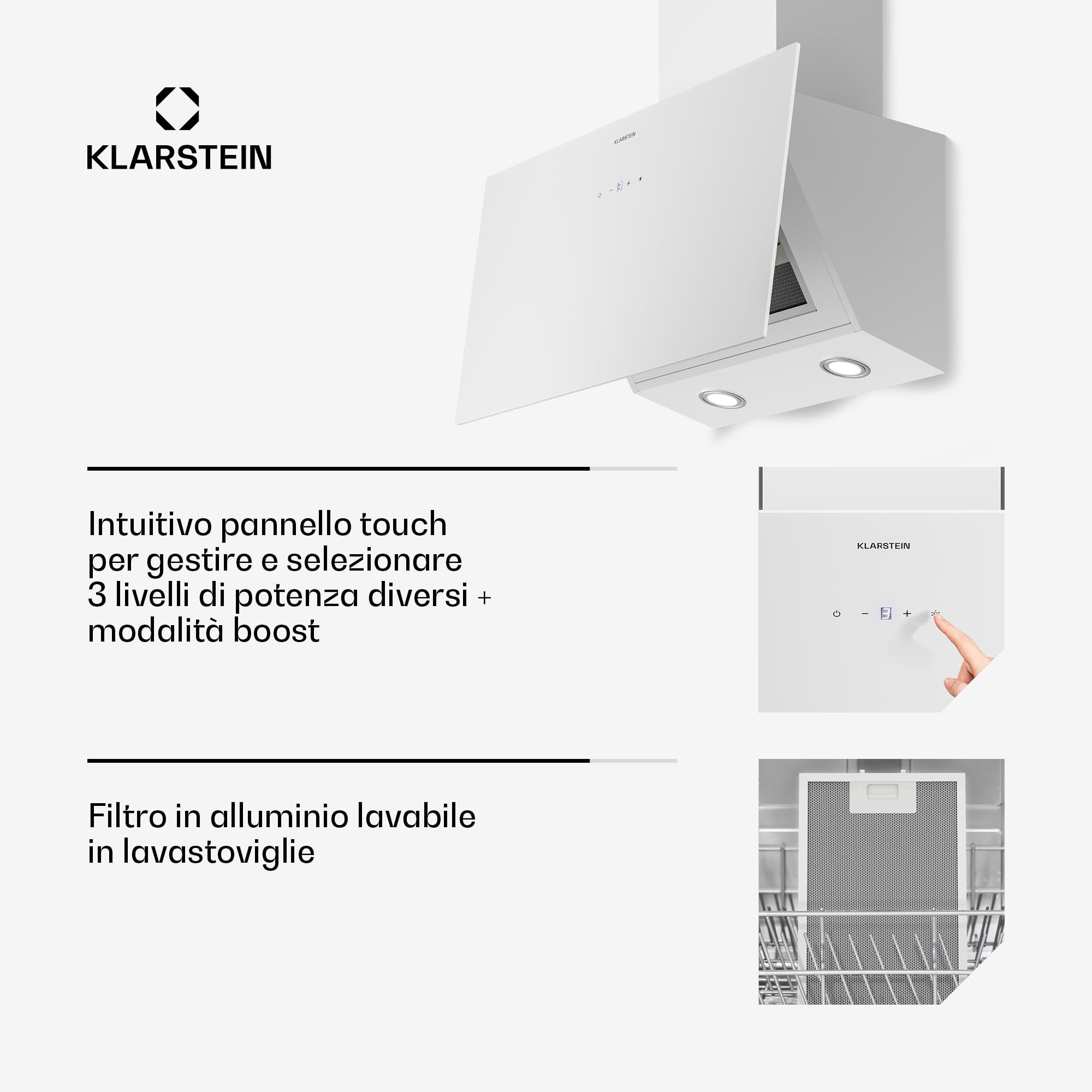 Klarstein Cappa Aspirante a Incasso 60cm, Cappa Cucina con Filtro, Cappa Cucina in Alluminio Lavabile in Lavastoviglie, Cappa Incasso con Flusso d'Aria 305m³/h, LED, Cappa Filtrante con Touch Control