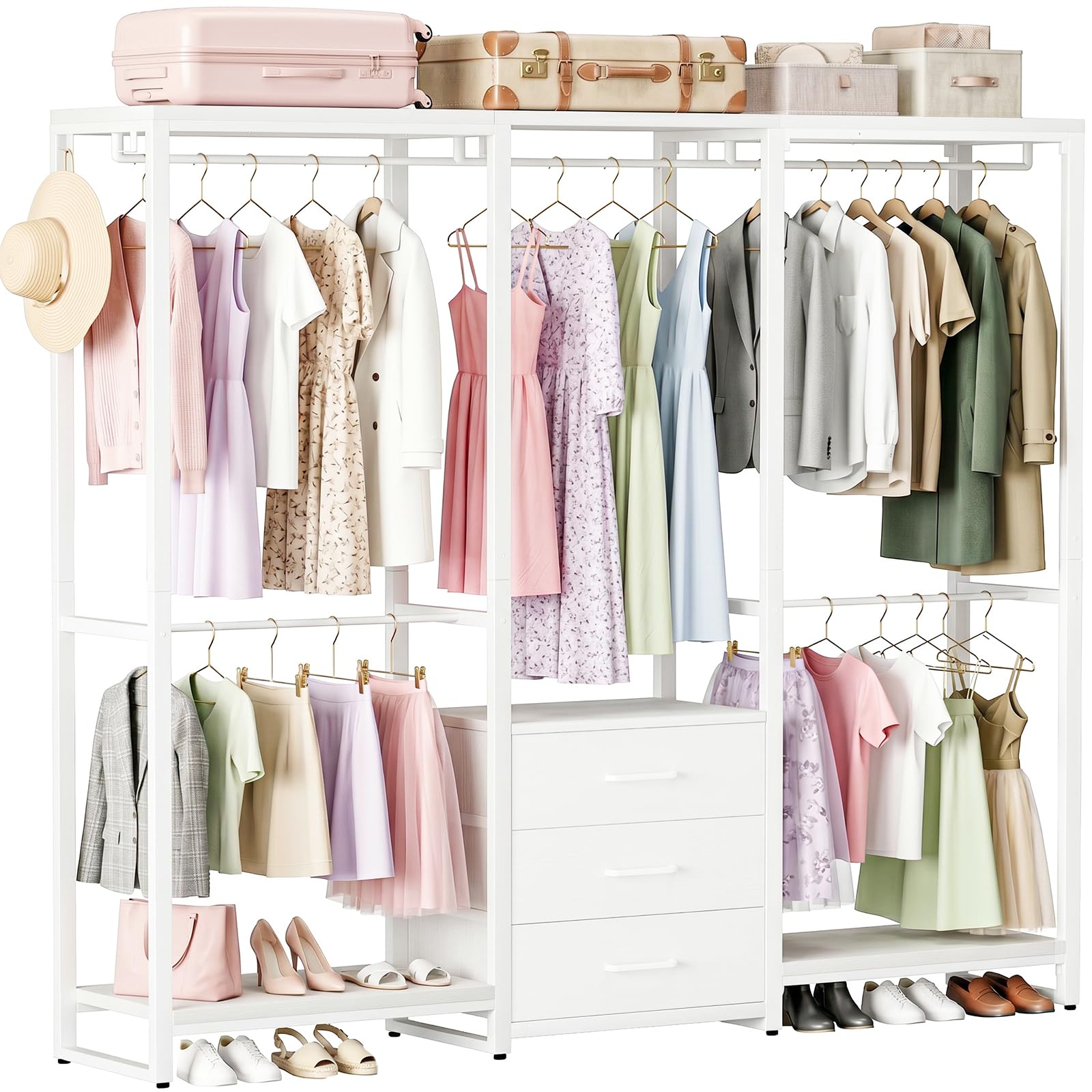 Homieasy Armario Abierto Con 5 Barras Y 3 Cajones De Tela | Estructura De Metal Y Paneles De Madera, Capacidad De Carga Hasta 450 Kg, Para Dormitorio, Vestidor O Pasillo