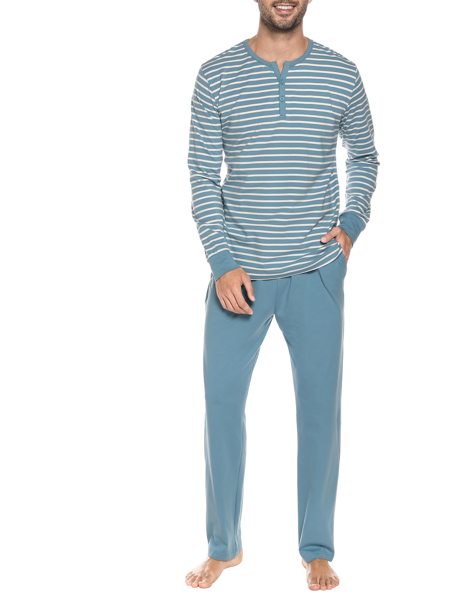 Winovia Herren Schlafanzug Langarm | Baumwolle Pyjama Set mit Knopfleiste & Streifen | Bequeme Nachtwäsche Loungewear für Männer