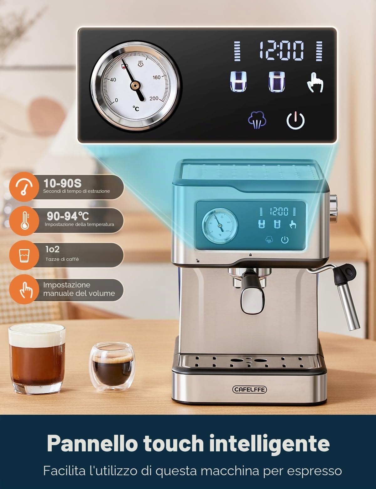 CAFELFFE Macchina da caffè espresso con montalatte e vapore, macchina espresso con pressione a pompa da 20 bar, macchina da caffè espresso con schermo LCD touch screen per barista a casa o per