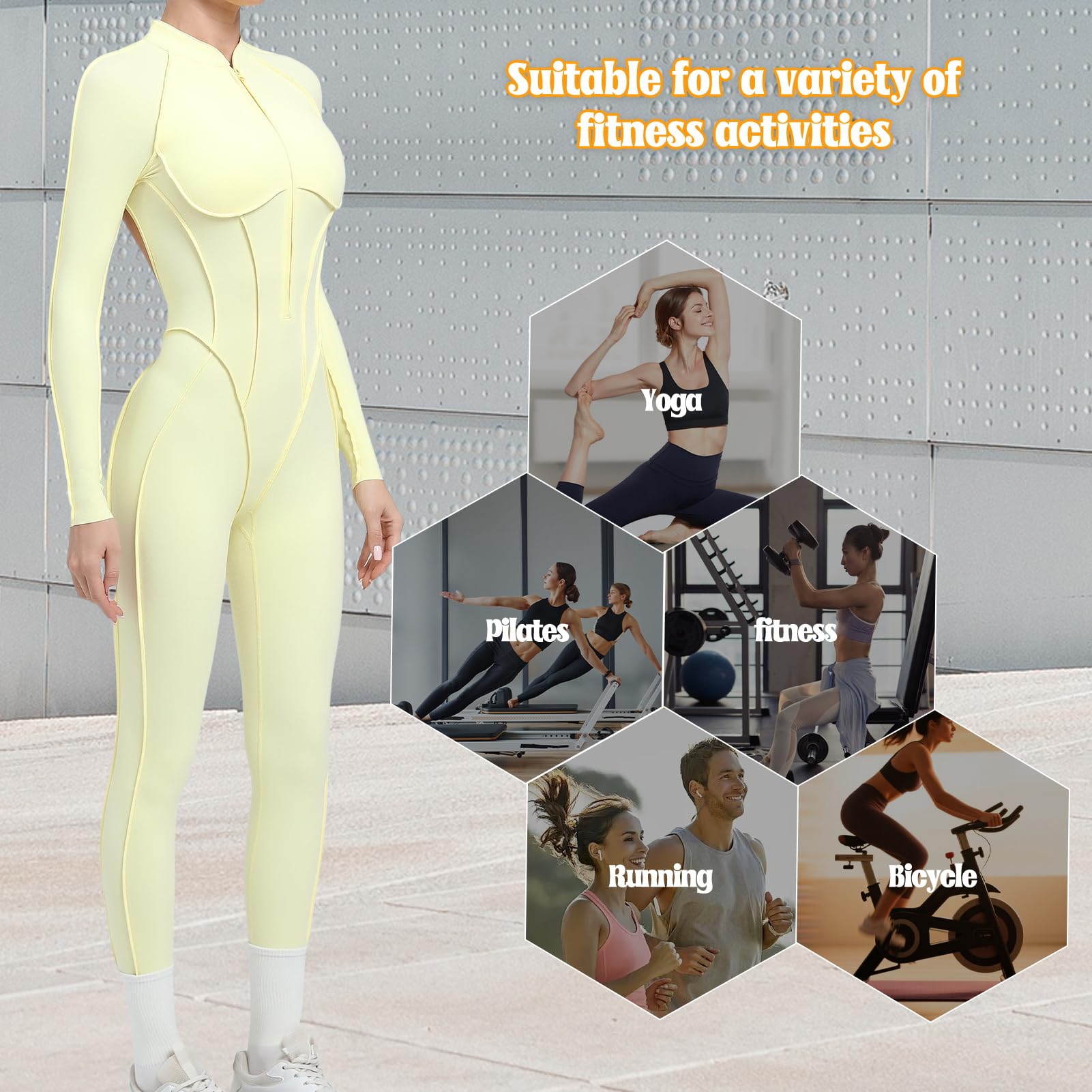 Damski kombinezon do jogi z zamkiem błyskawicznym, z długim rękawem, rozciągliwe body obcisłe, bodysuit, kontrola brzucha siłownia, odzież sportowa do fitnessu miękka w dotyku