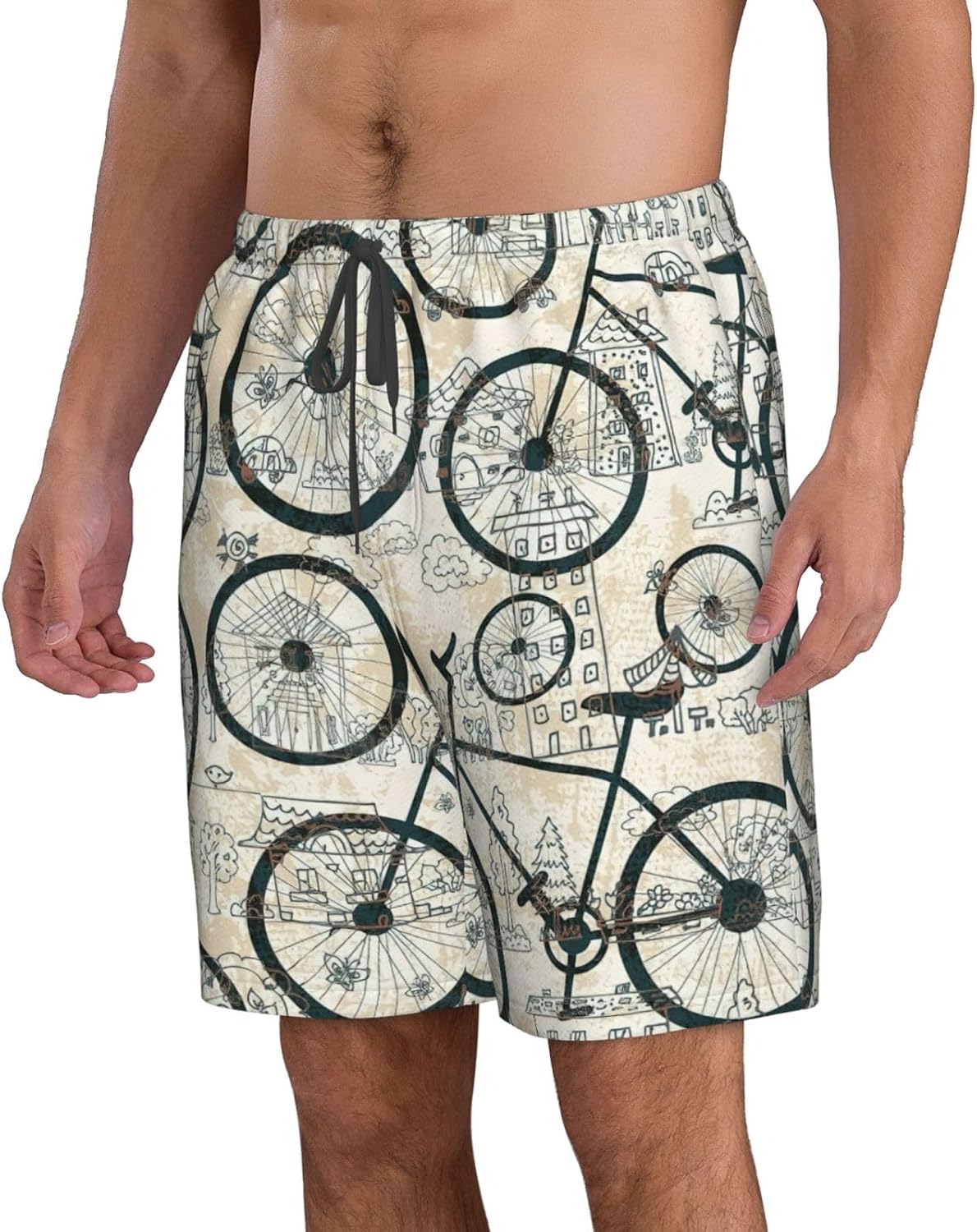 Retro Bicycle Print Men's Hawaiian Beach Shorts Elastic Novelty Summer Casual Shorts with Pocket