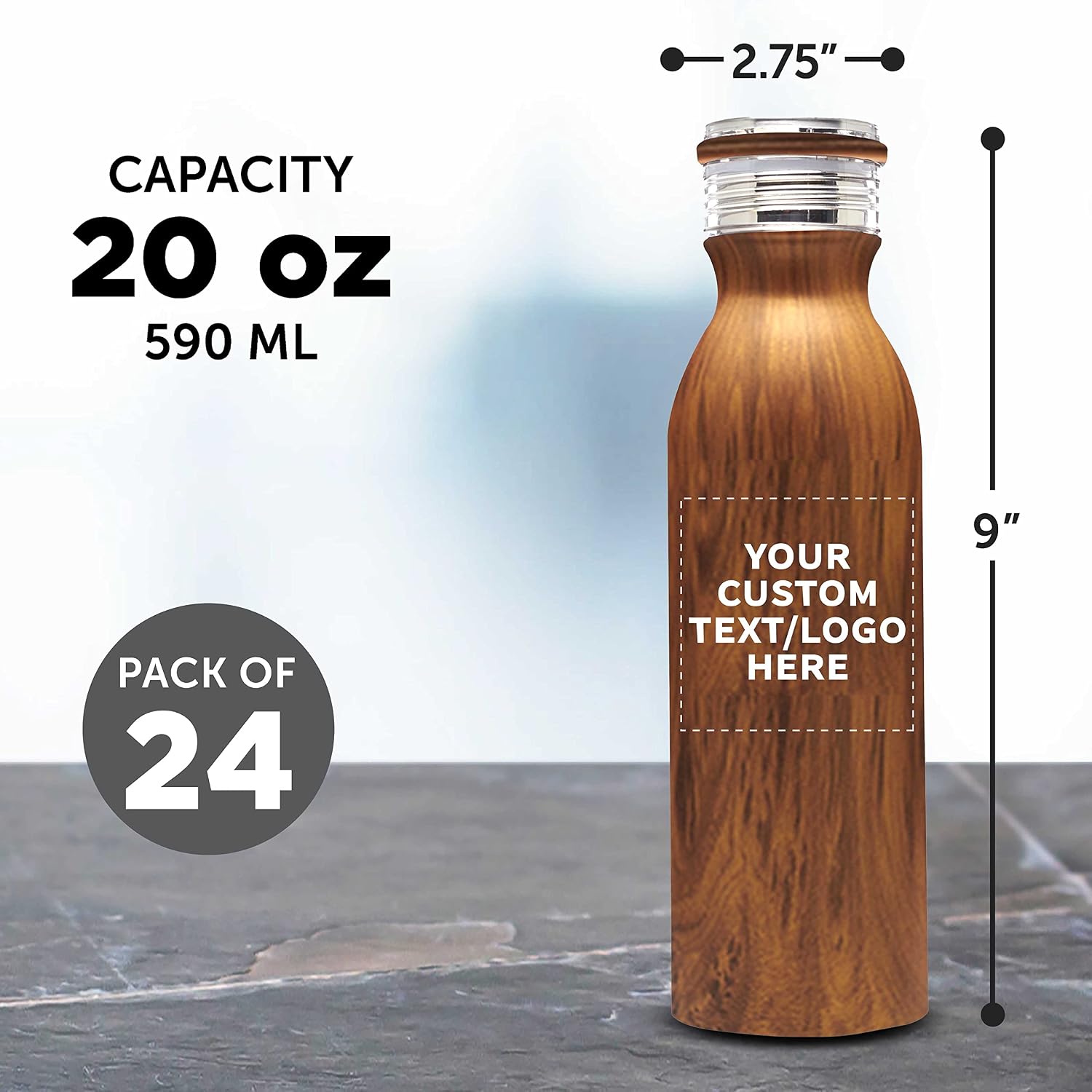 Custom Stainless Steel Water Bottles by Echo 20 oz. Set of 24, Personalized Bulk Pack - Double Wall, Perfect for Coffee, Soda, Other Hot & Cold Beverages - Wood