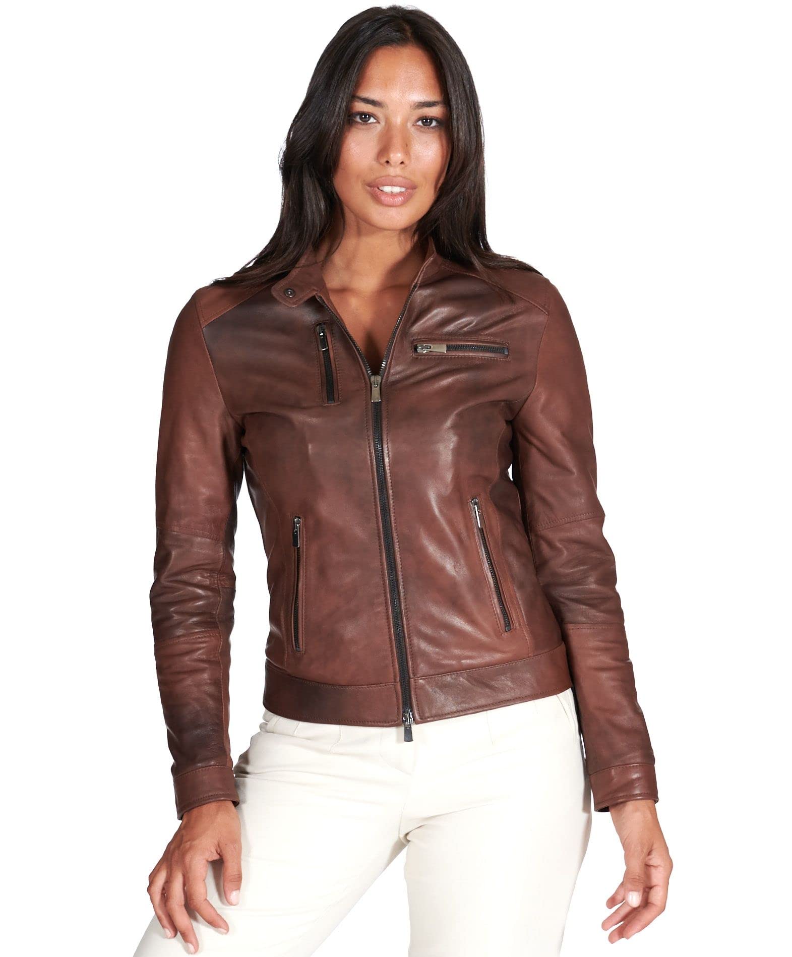 D'Arienzo Giacca Pelle Marrone Nuvolato Donna Biker Vera Pelle Made in Italy Giulia S/​Marrone