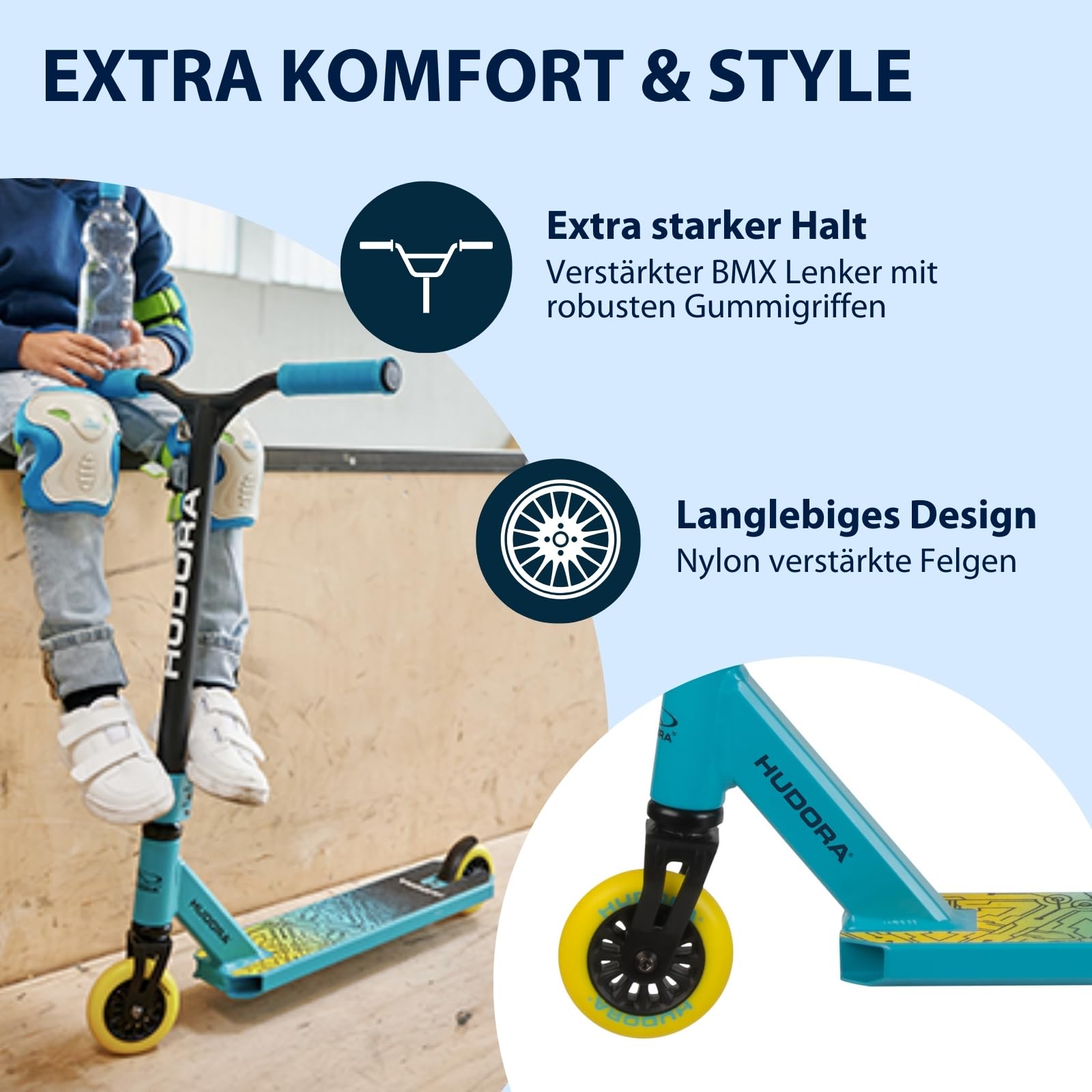 HUDORA Stuntscooter Kids - 360° Lenkung - Tretroller - ABEC 9 Kugellager - Robuster Funscooter, Kickscooter, Stunt Scooter, Trick Roller, Cityroller