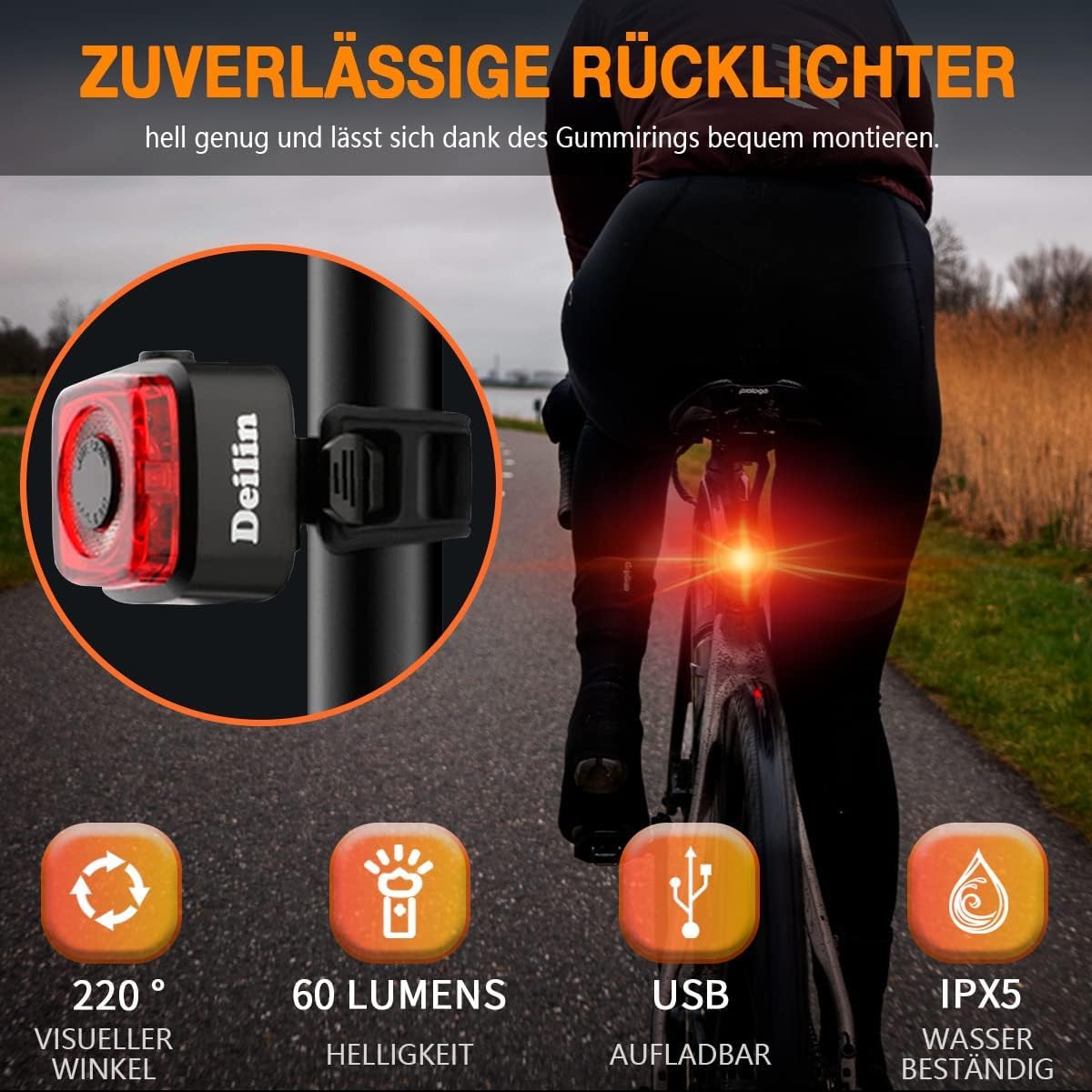 Deilin Fahrradlicht Set, bis zu 70 Lux LED Fahrradbeleuchtung USB Aufladbar Fahrradlampe, IPX5 Wasserdicht Fahrradlichter Vorne Rücklicht Fahrrad Licht Fahrradleuchtenset Fahrradlampe