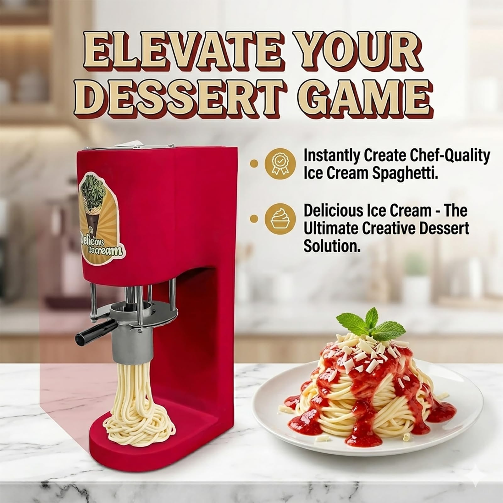 Extrusora Comercial de «Spaghetti EIS» — Robusto Motor de 80 W, Base Estable Que Evita el tambaleo, Prensa 4 en 1 para Helados Tipo fideo, Ideal para heladerías y restaurantes Red