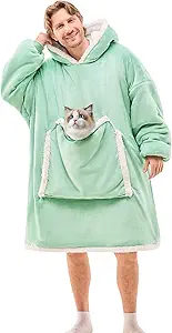 JOYWOO Green Oversized Wearable Blanket Hoodie, Cat lovers Long Hoodie Blanket for Adult,Birthday Gifts for Women Men Mom,Cozy Sherpa Hooded Blanket Giant Pocket Winter Gifts,Sage green Oversize