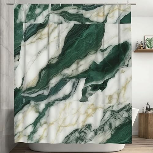 TIYAANDSY Cortina de ducha con textura de mármol para baño, juego de cortina de ducha bohemia de lujo de tinta verde y blanca, líneas abstractas,