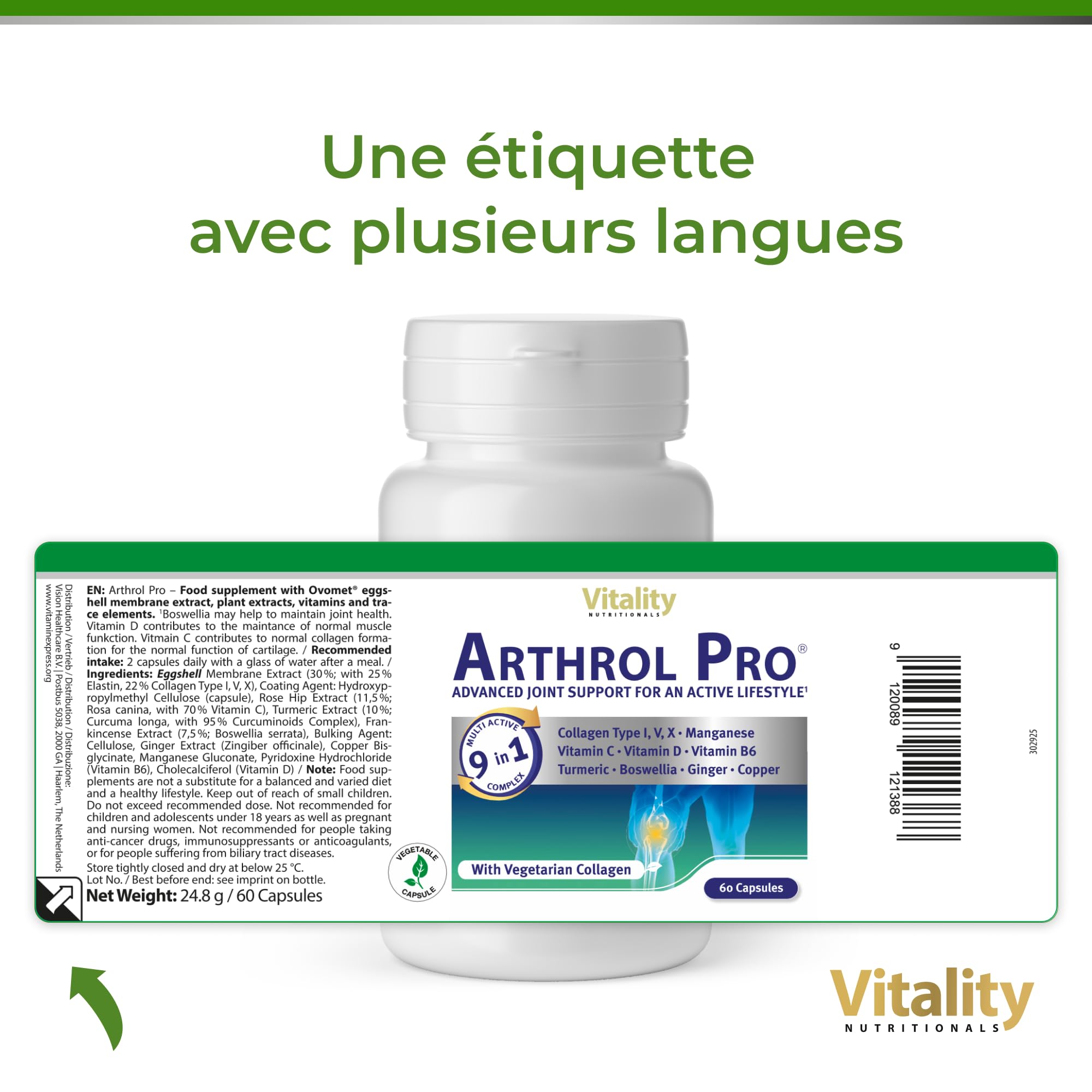 ARTHROL PRO Capsules articulaires à forte dose I Complexe multiactif 9 en 1 sans additifs arthrose, 60 capsules, douleurs articulaires, accumulation de cartilage, collagène, curcuma