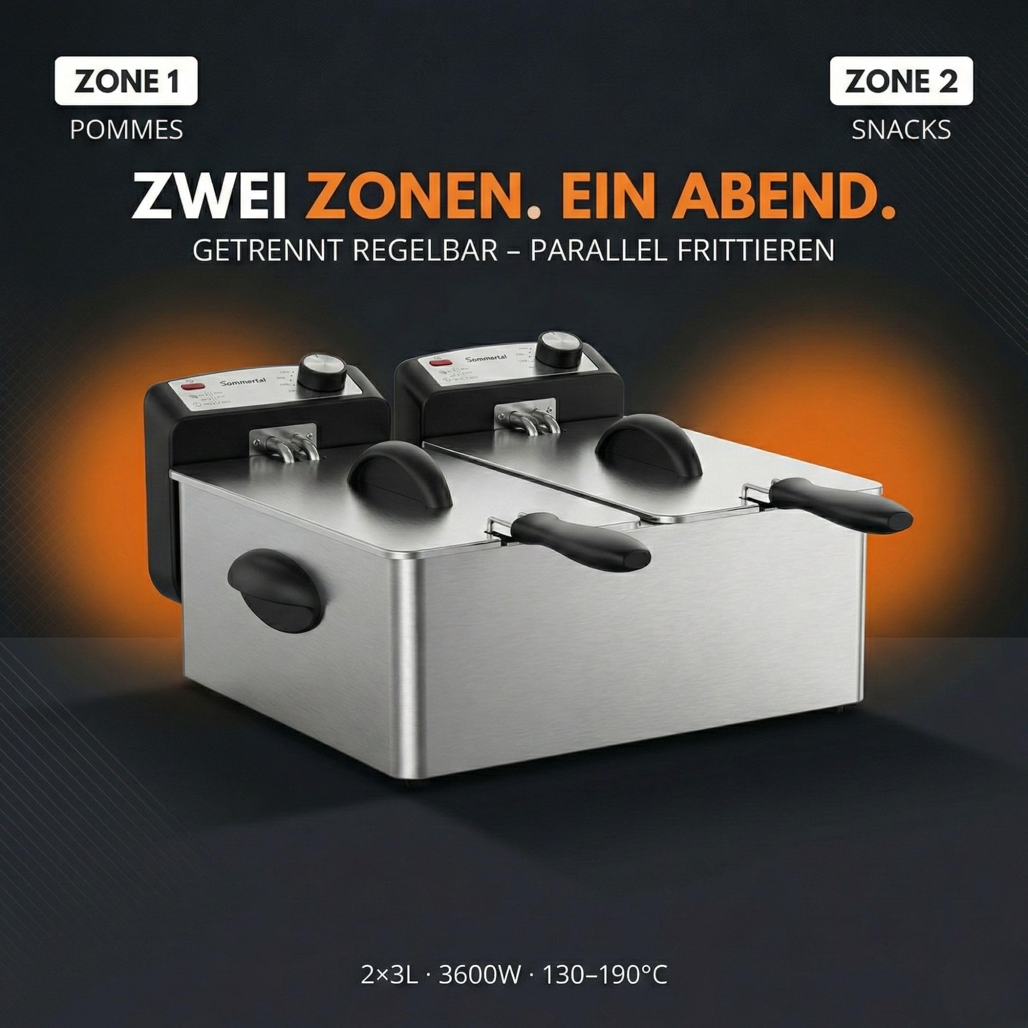 Sommertal DF3600 Doppel Fritteuse mit Öl 2x 3L 3600 Watt | Edelstahl Fritteuse mit 2 getrennten Heizkreisen | Fritteuse mit Fett 130–190°C | Deep Fryer für Pommes