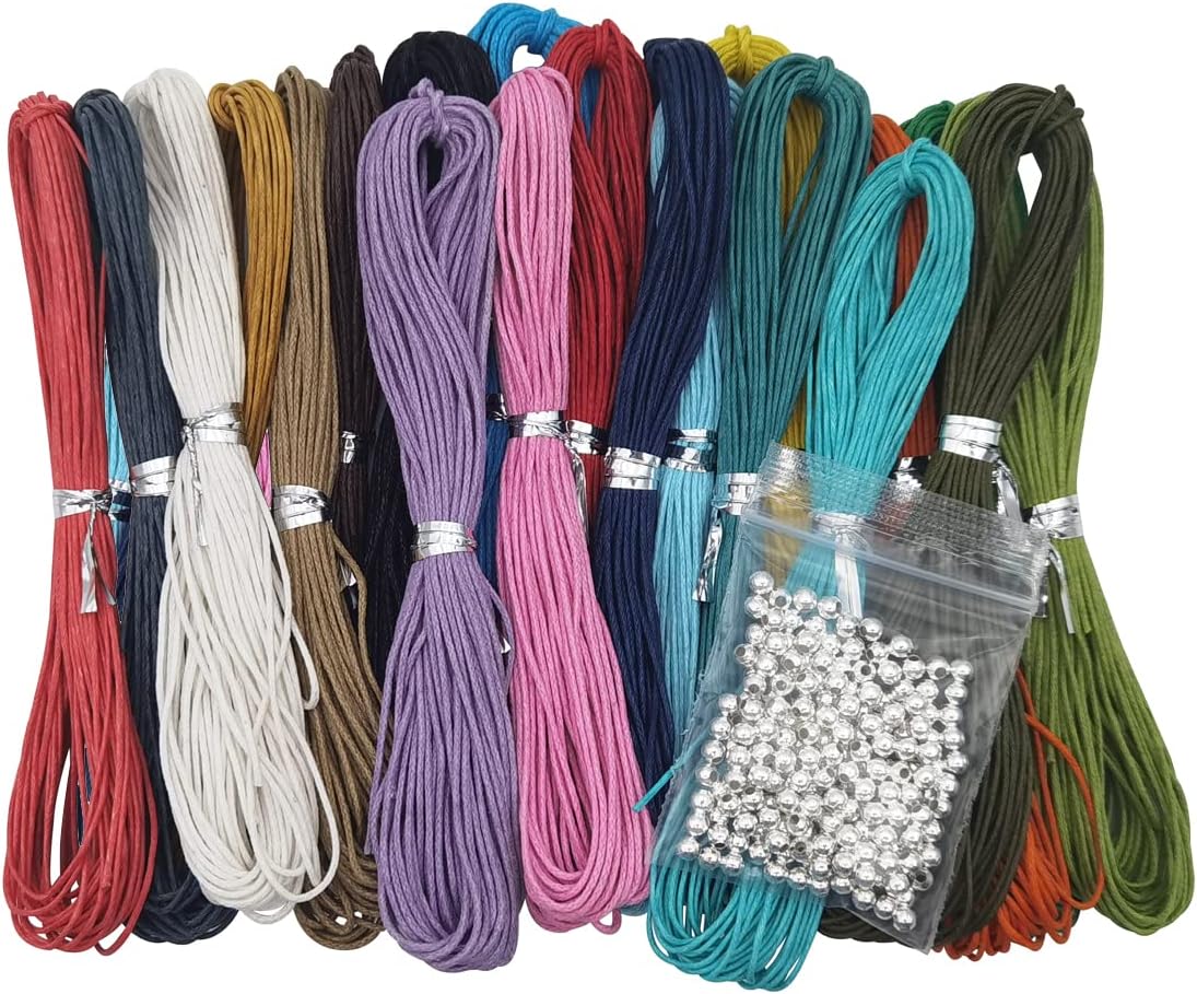 INSPIRELLE 20 Colors 1mm Jewelry Making Beading Crafting Macrame Waxed Cotton Cord Thread with 200 Silver Metal Beads, 10 Yards Each Color