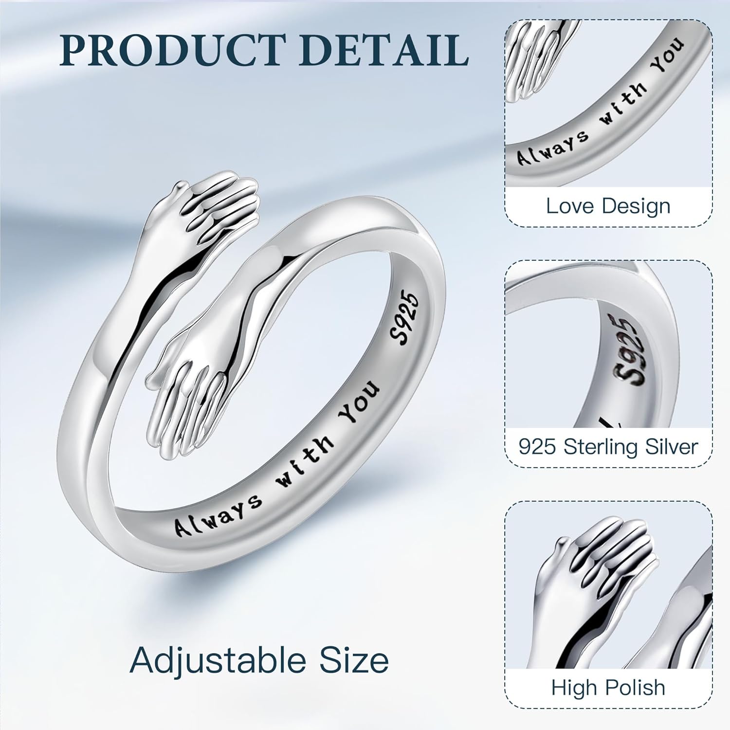 LOVECOM S925 Sterling Silver Hug Rings for Women Adjustable Hugging Hands Open Ring for Men Promise Rings Jewelry Birthday Mothers Day Gifts for Dad Mom Wife Daughters Grandma Best Friend - Image 2