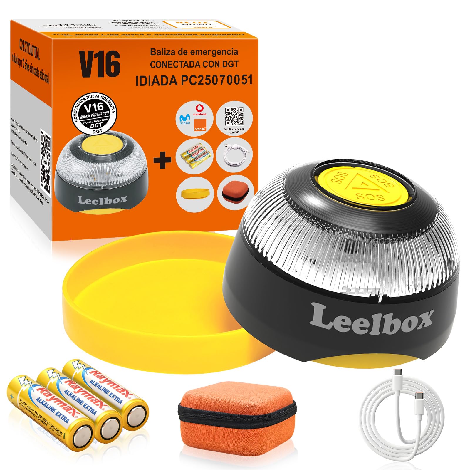 Baliza V16 Homologada DGT 3.0(con Ventosa + Funda Protectora + Cable USB/Tipo C + BateríA), con GeolocalizacióN Aprobada V16 Homologada Dgt, con Tarjeta Sim Incorporada hasta 2038-1PCS