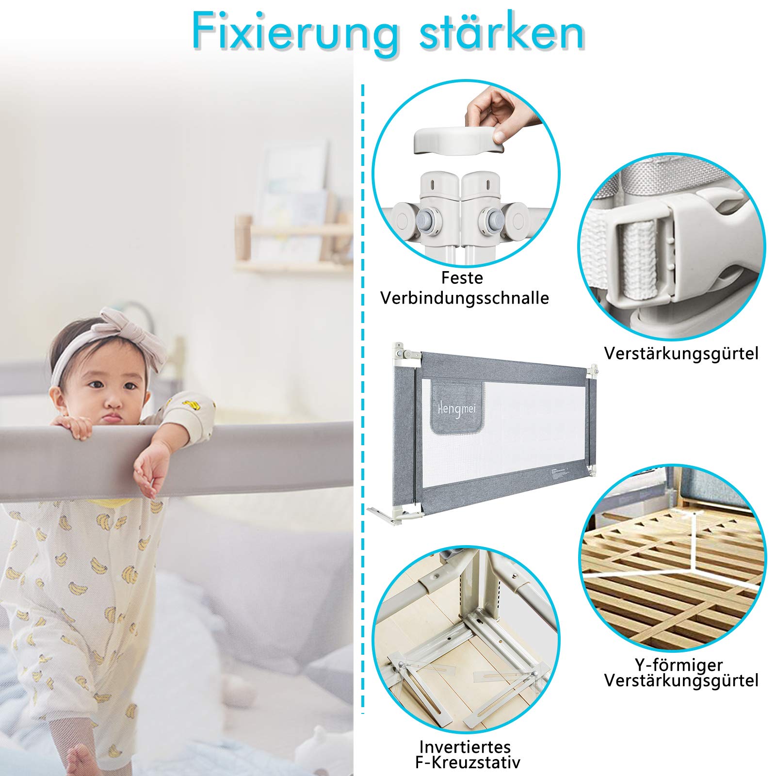 UISEBRT Sponda Da Letto Pieghevole Barriera Letto per bambini, Sollevamento Verticale, Sponda letto anti caduta con rete ariosa, 150cm