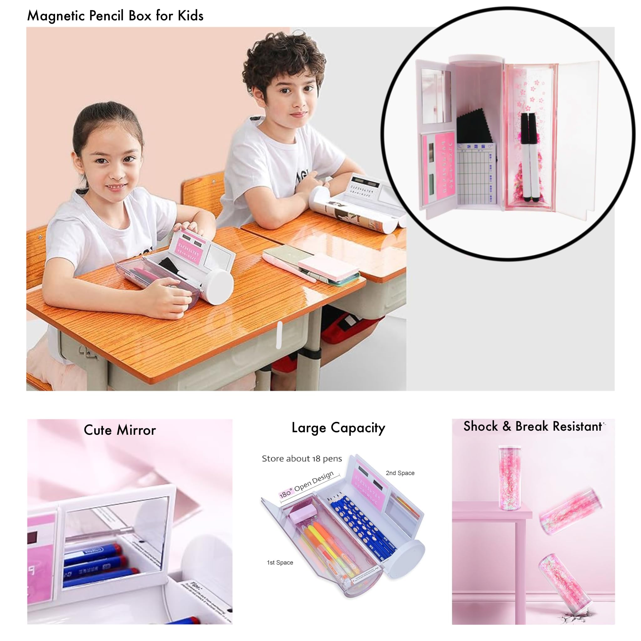 SNAPTRON Latest Pencil Box for Girls Kids - Multi-Function Pencil Case with Calculator, White Board, Marker & Storage, School Box for Girls Cute Geometric Compass Pouch Accessories 3