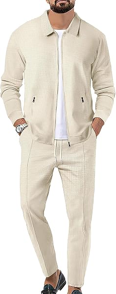 HommeSurvêtements Waffle Manches Longues Zipper Veste & Pantalon Ensemble de 2 Pièces pour Decontracté Sport Travail - 1
