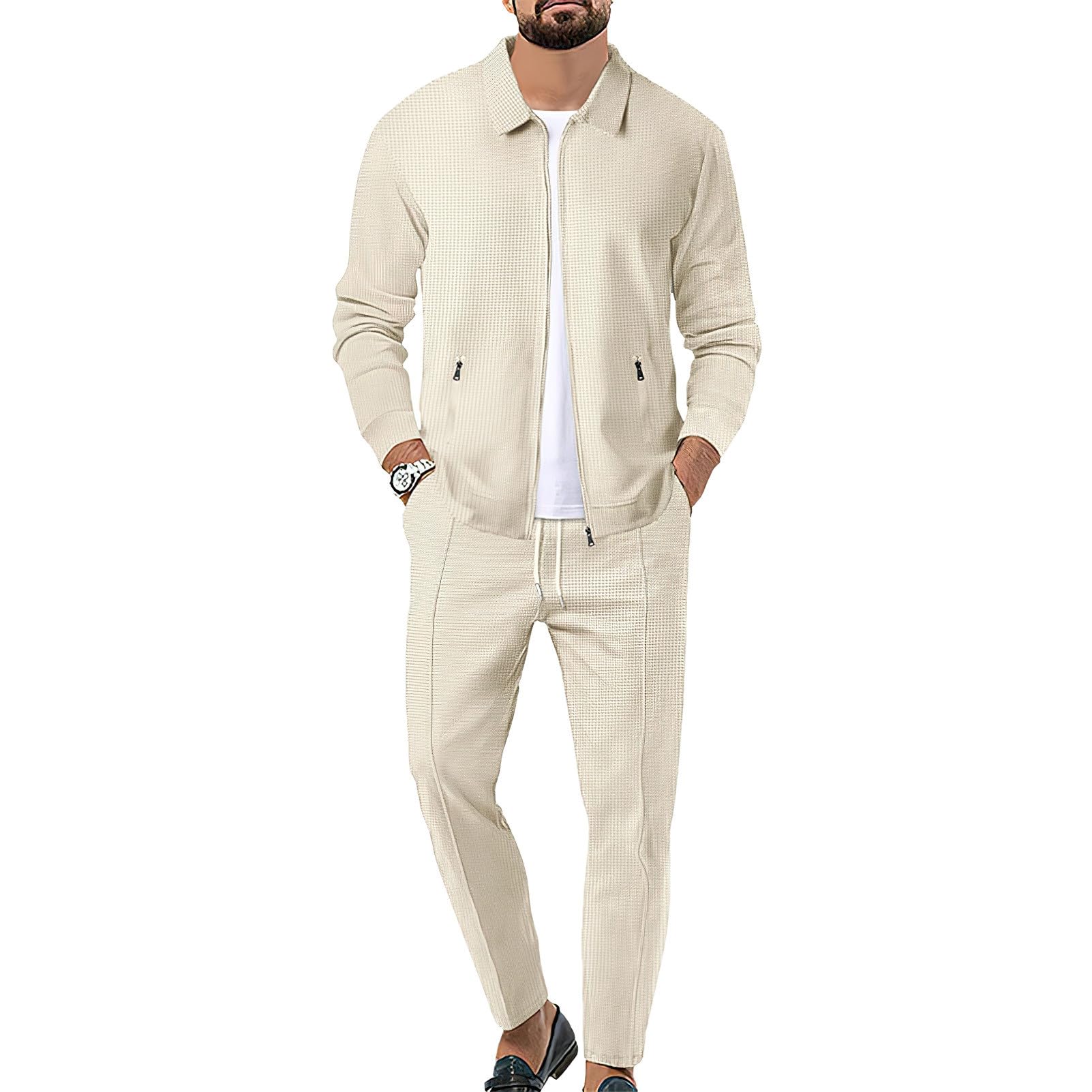 Herren Waffel Trainingsanzüge Langarm Voll Reißverschluss Jacke & Hose 2-teiliges Set für Lässig Sport Arbeit