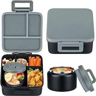 MAISON HUIS Bento Lunch Box with 8oz Soup Thermo, 5-Compartment Leak-Proof Container, Thermo Hot Food Jar and Insulated Lunch Bag, BPA Free,Travel, School (Gray)