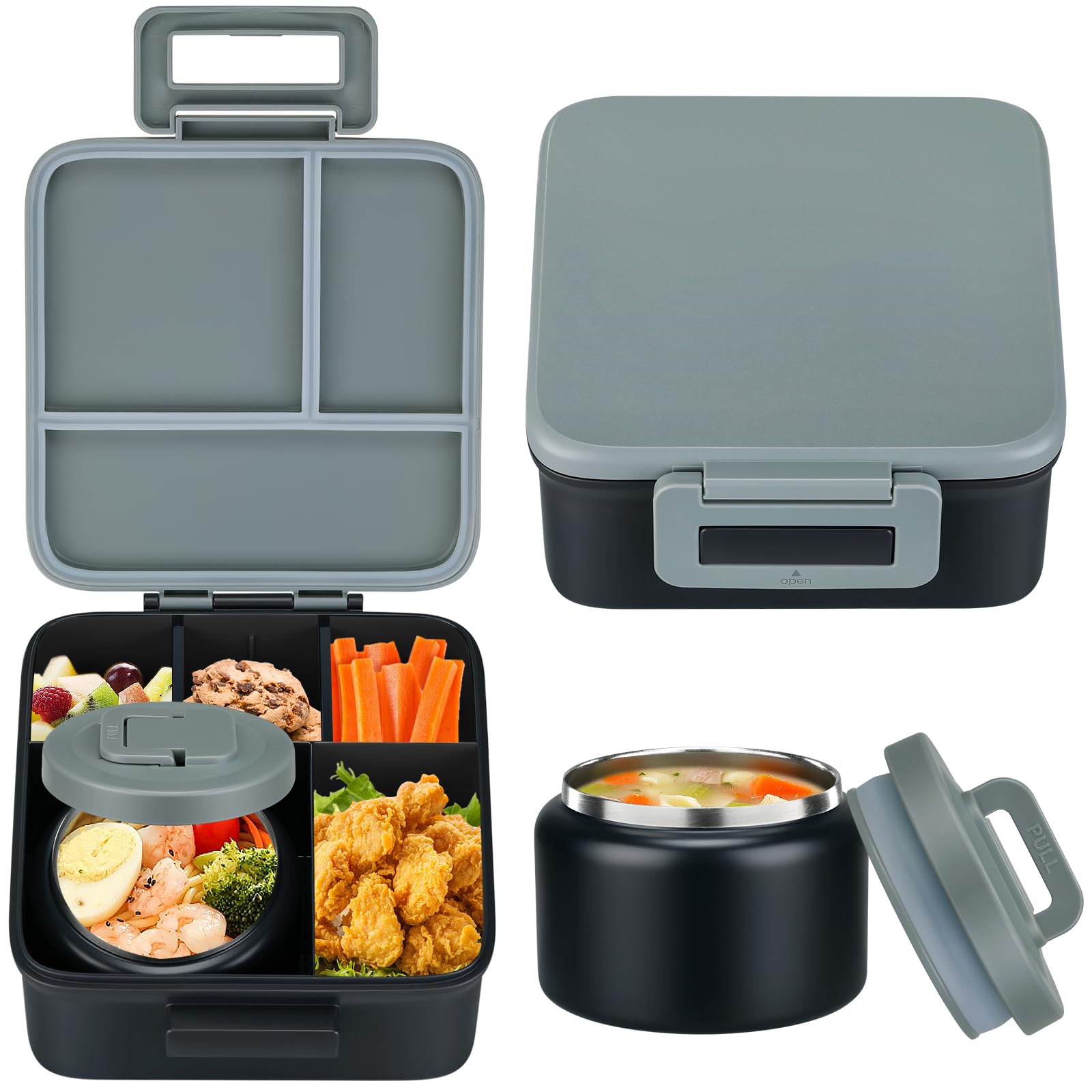 MAISON HUIS Bento Lunch Box with 8oz Soup Thermo, 5-Compartment Leak-Proof Container, Thermo Hot Food Jar and Insulated Lunch Bag, BPA Free,Travel, School (Gray)