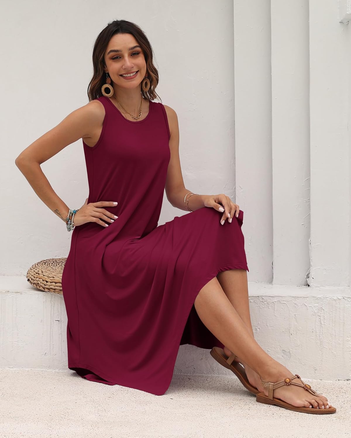 AUSELILY Women's Summer Dresses 2026 Casual Sleeveless Sundress Asymmetrical Hem Midi Tank Beach Dress with Pockets - Image 3