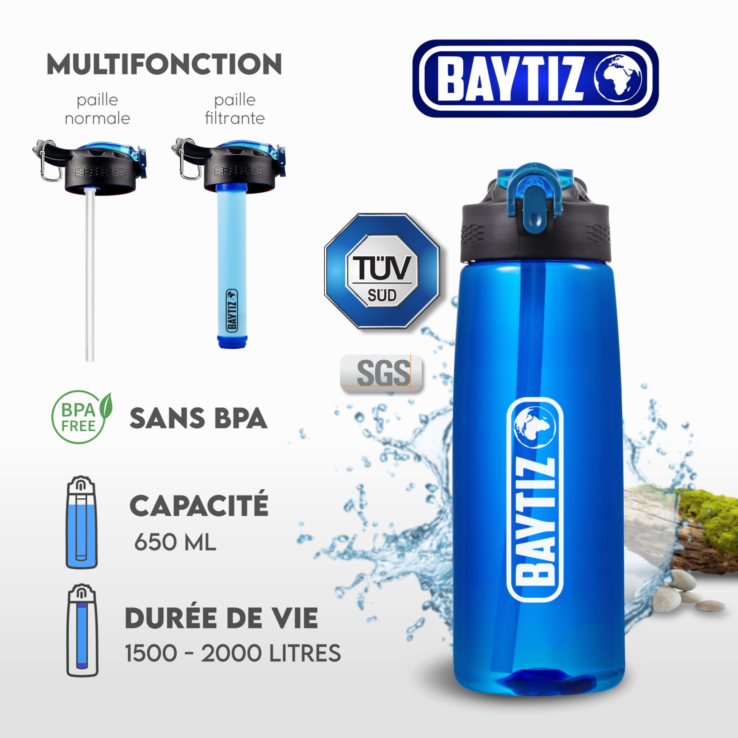 BAYTIZ ® Gourde Filtrante + Paille de Survie au Charbon Actif - Bouteille Filtre à Eau Nomade : Voyage Randonnée Trek Camping Kit Purificateur Réutilisable Plastique Sac Pluie Catastrophe
