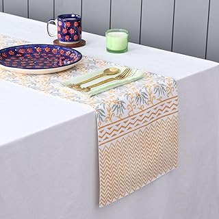 Eyaas Grey &amp; Yellow Floral Hand Block Printed Dining Table Runner, Cotton Table Runner for 6-8 Seater, Everyday/Festive Us...