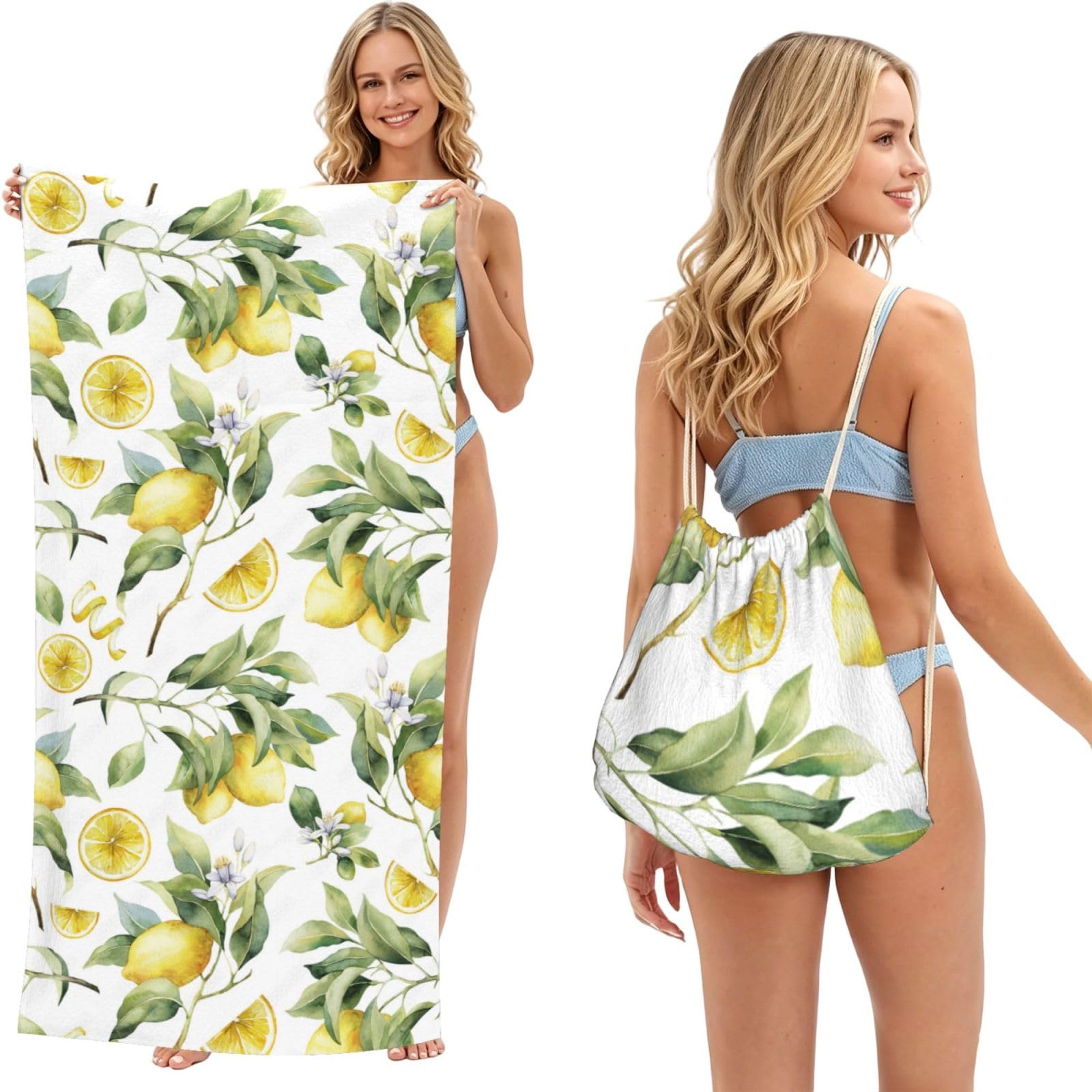 Poadnly As Picture Lemon Lemon, 2 In 1 Packable Towel Bag, Beach Towels With Drawstring Backpack For Travel Holiday Camping