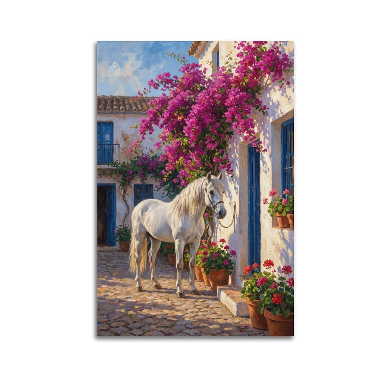 XKUGA White Andalusian Horse Travel Poster Courtyard Blue Tiles Rustic Modern Decorative Canvas Prints - Ideal Wall Art for Family, Man Cave, Game Room, Boys & Girls Bedroom 20x30inch(50x75cm)
