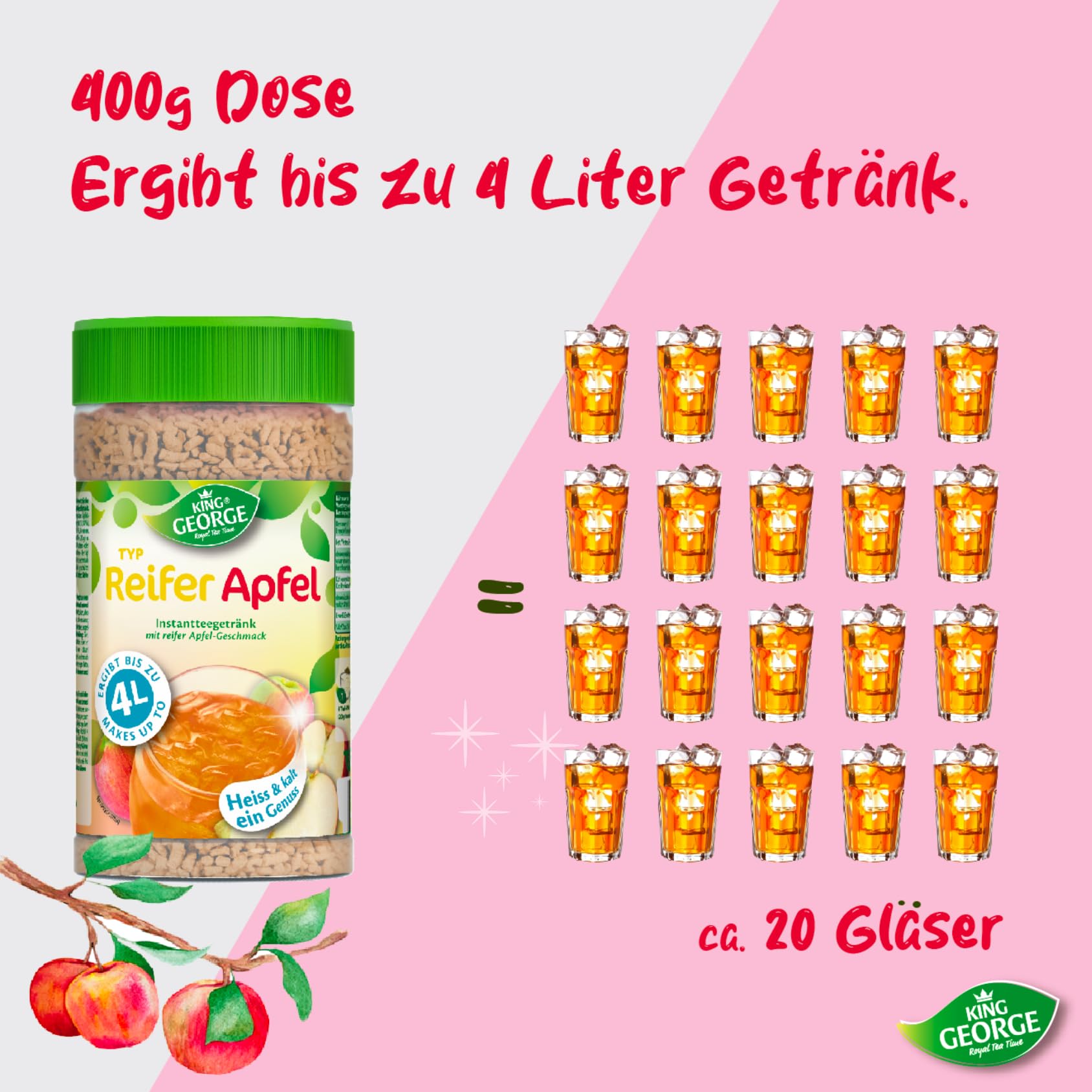 KING GEORGE Bebida instantánea de té de manzana madura, 12 x 400 g, bebida instantánea con sabor a manzana, caliente y fría, un placer, paquete de almacenamiento de té de migas, bebida para verano