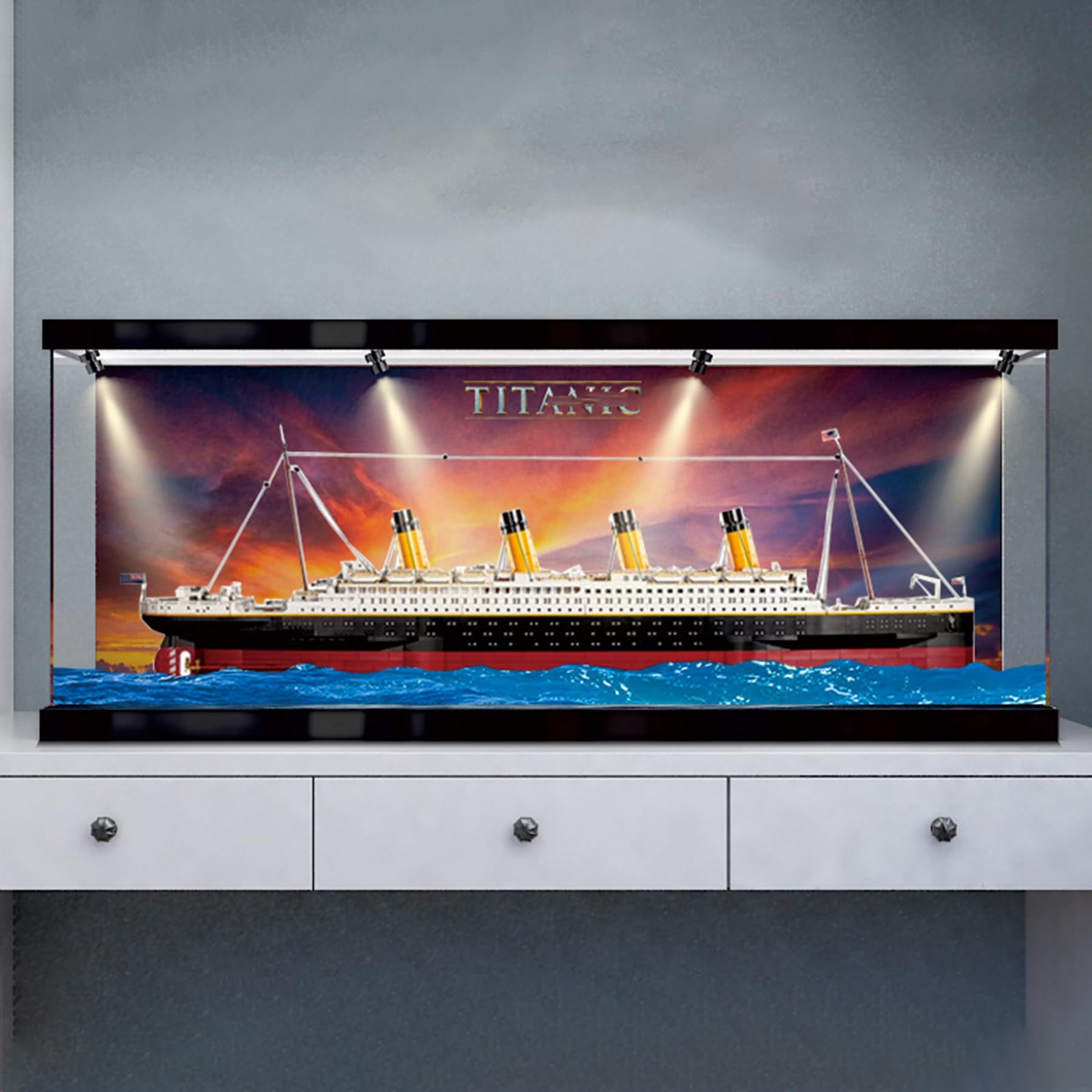 XNSHENGXAN Applicable to Lego 10294 Titanic 3MM Acrylic Display Box(55.1×7.8×19.6in), Display Cases for Collectibles, Sturdy Protection for Your Collectible,Light + Background