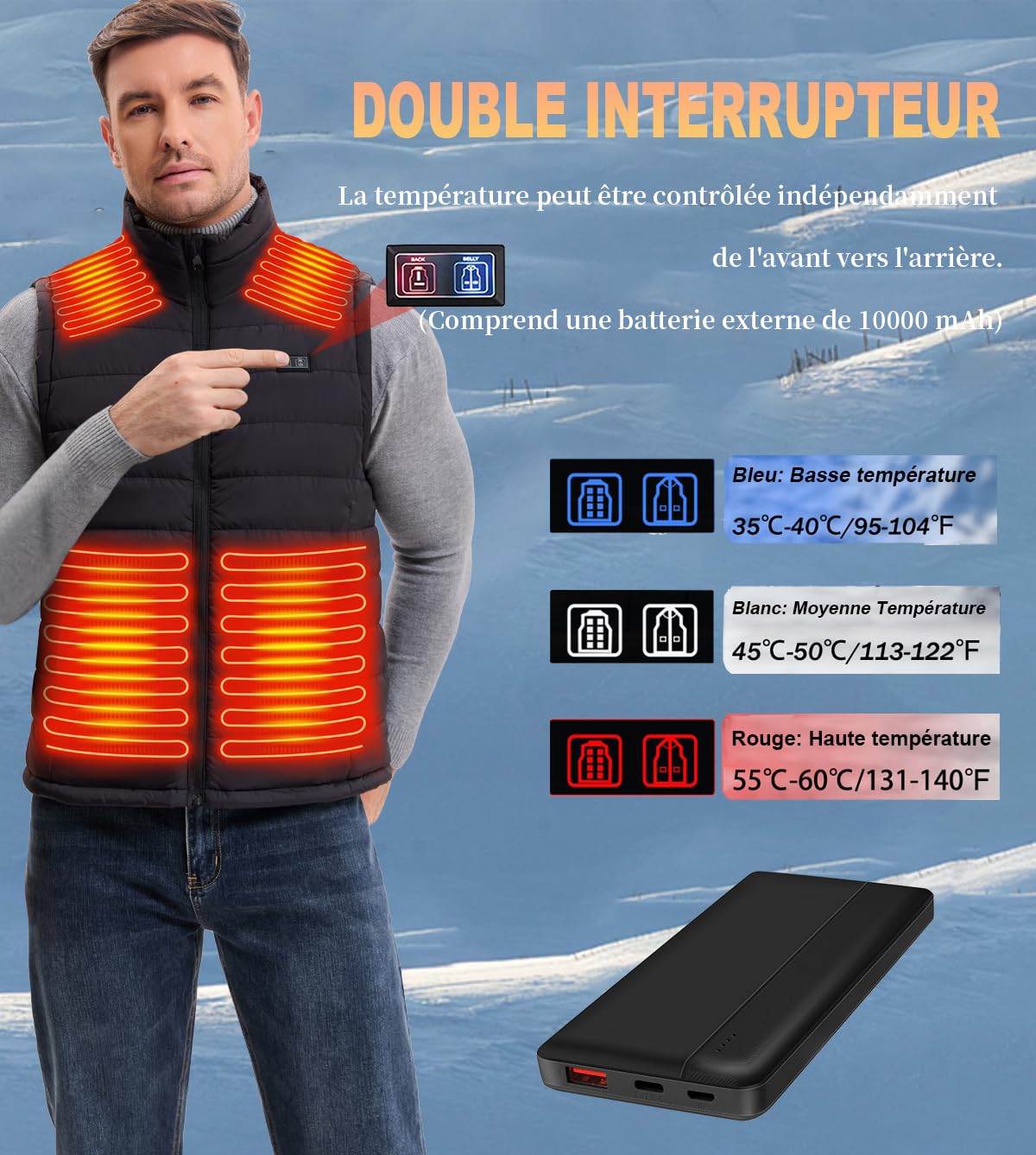 Gilet Chauffant Avec Batterie Incluse, Veste Chauffante Homme, Électrique USB Vêtement de Chauffage avec 13 Zones de Chauffé 3 Températures Réglables Gilet