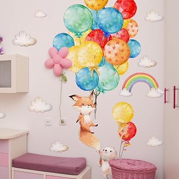 Animal Fox Balloon Wall Stickers Clouds Rainbow Wall Decals Baby Nursery Kids Room Bedroom Home Decor