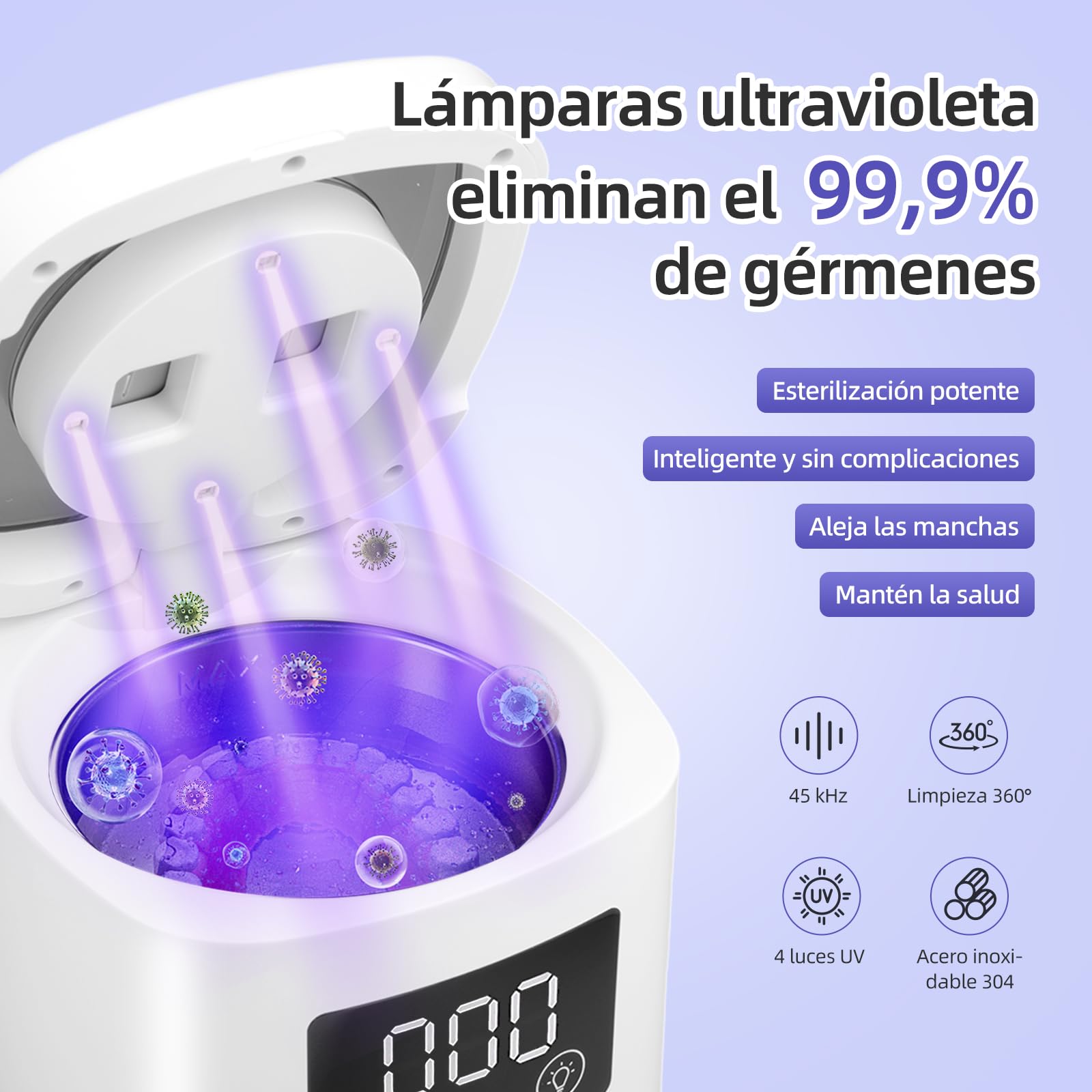 Limpiador Ultrasónico Dental y Dental Pod UV-C - 45kHz Máquina de Ultrasonidos para Férulas, Retenedores, Alineadores Invisibles y Prótesis - 200ml Limpiador de Dentaduras con Cesta y Pinzas (Joyas)