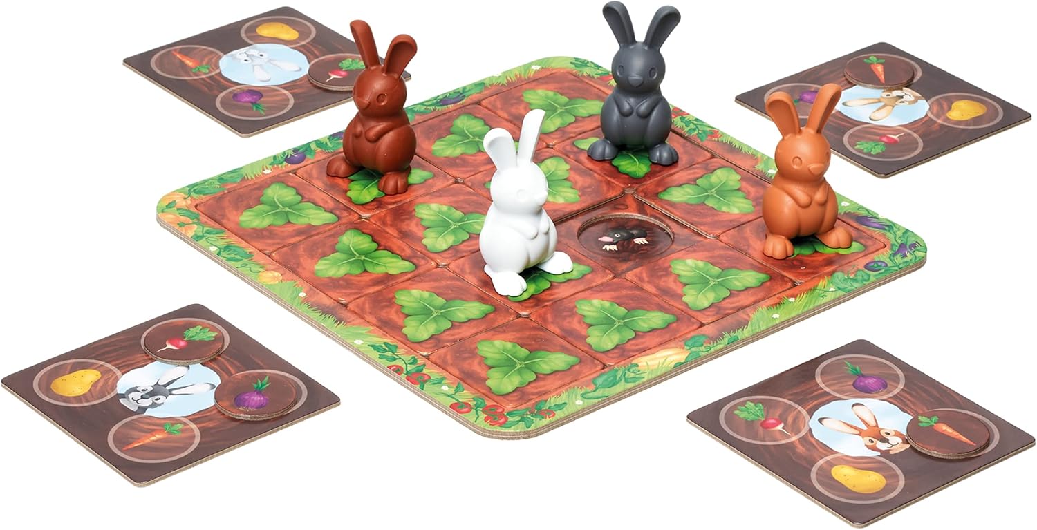 Step-by-step visual guide showing how to set up the game board with vegetable tokens, leaf tokens, and rabbit figures.