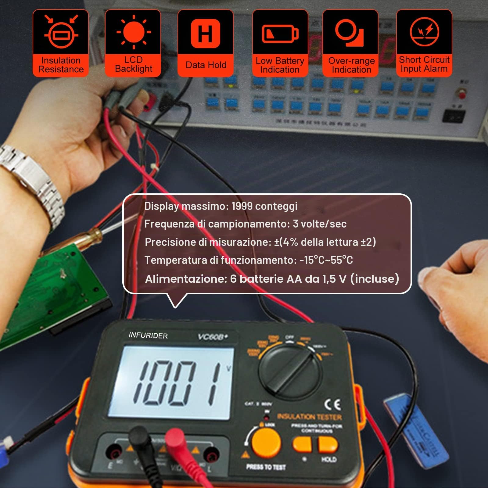 Tester Digitale di Resistenza Isolamento, Misuratore di Resistenza di Isolamento Megaohmmetro YF-VC60B+, Tester di Tensione 250/500/1000 V, Megaohmmetro con Display LCD Retroilluminato, Blocco Dati