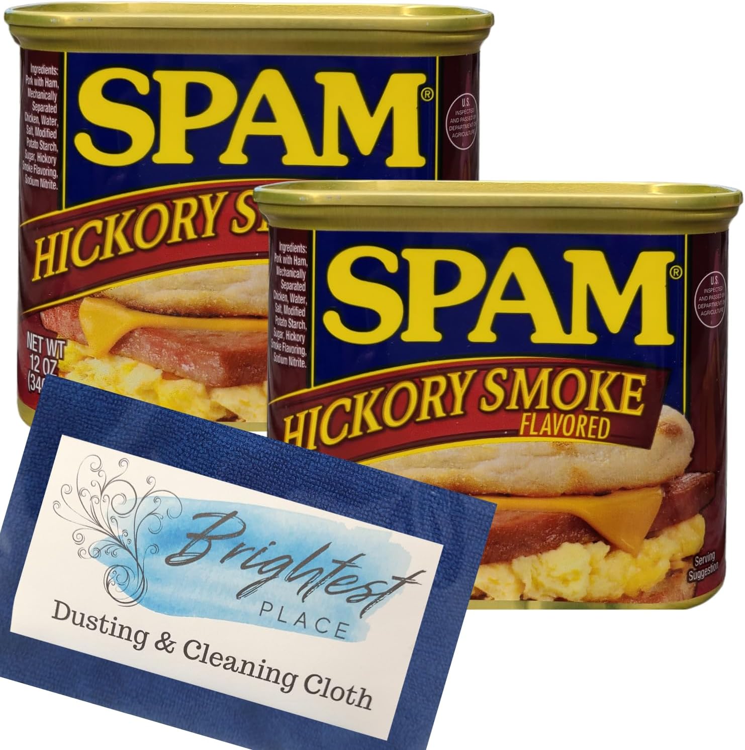 Hickory Smoked Canned Pork Ham Meat Bundle with Brightest Place Clean Up Cloth and 2 Cans Smoke Flavored Spam Luncheon Meat, 12 ounce