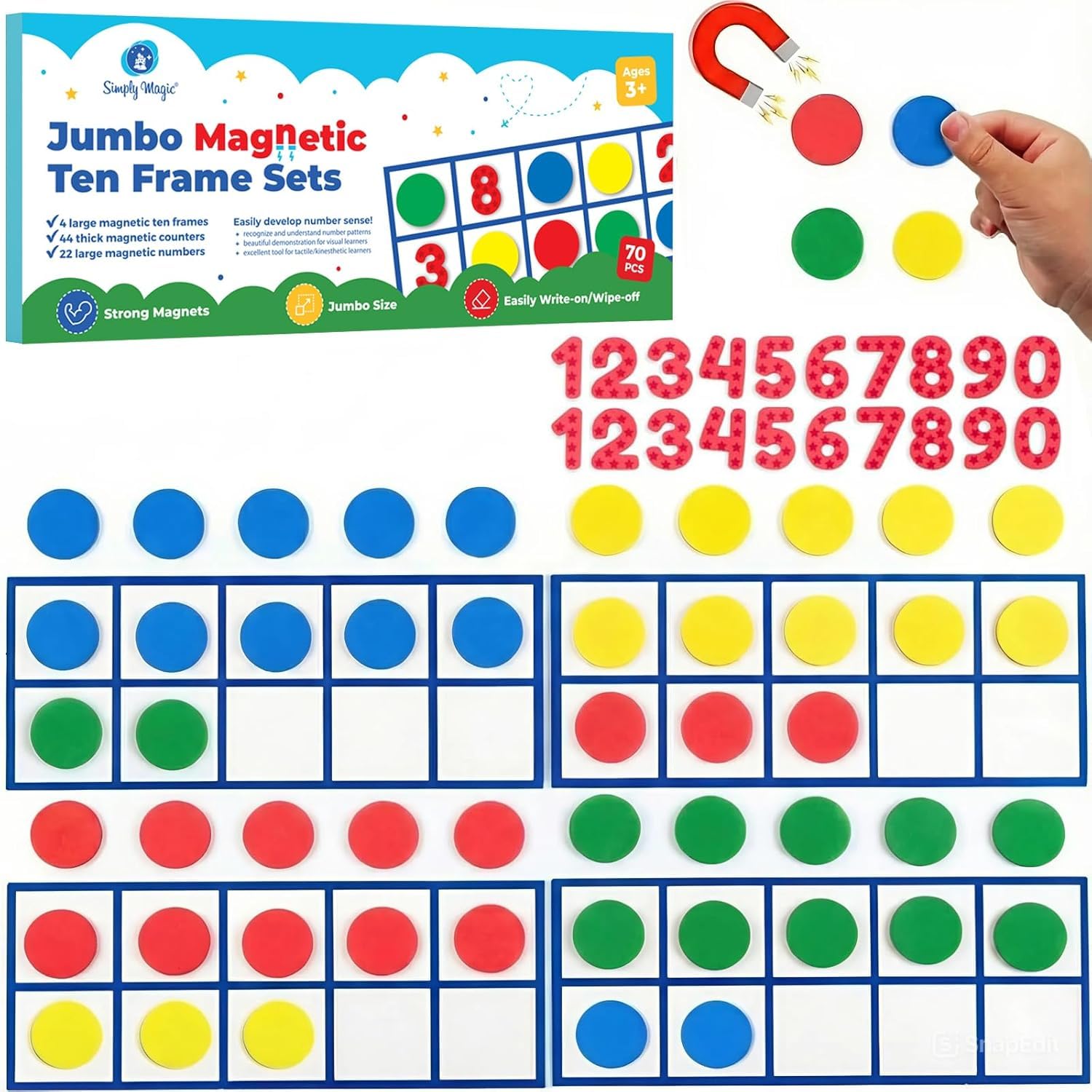 - 70 PCS Magnetic Ten Frames - Math Manipulatives for Elementary Classroom & Kindergarten - 4 Ten Frames & 44 Math Counters for Kids, Math Games for Kindergarten - Jumbo Magnetic Ten Frame Set