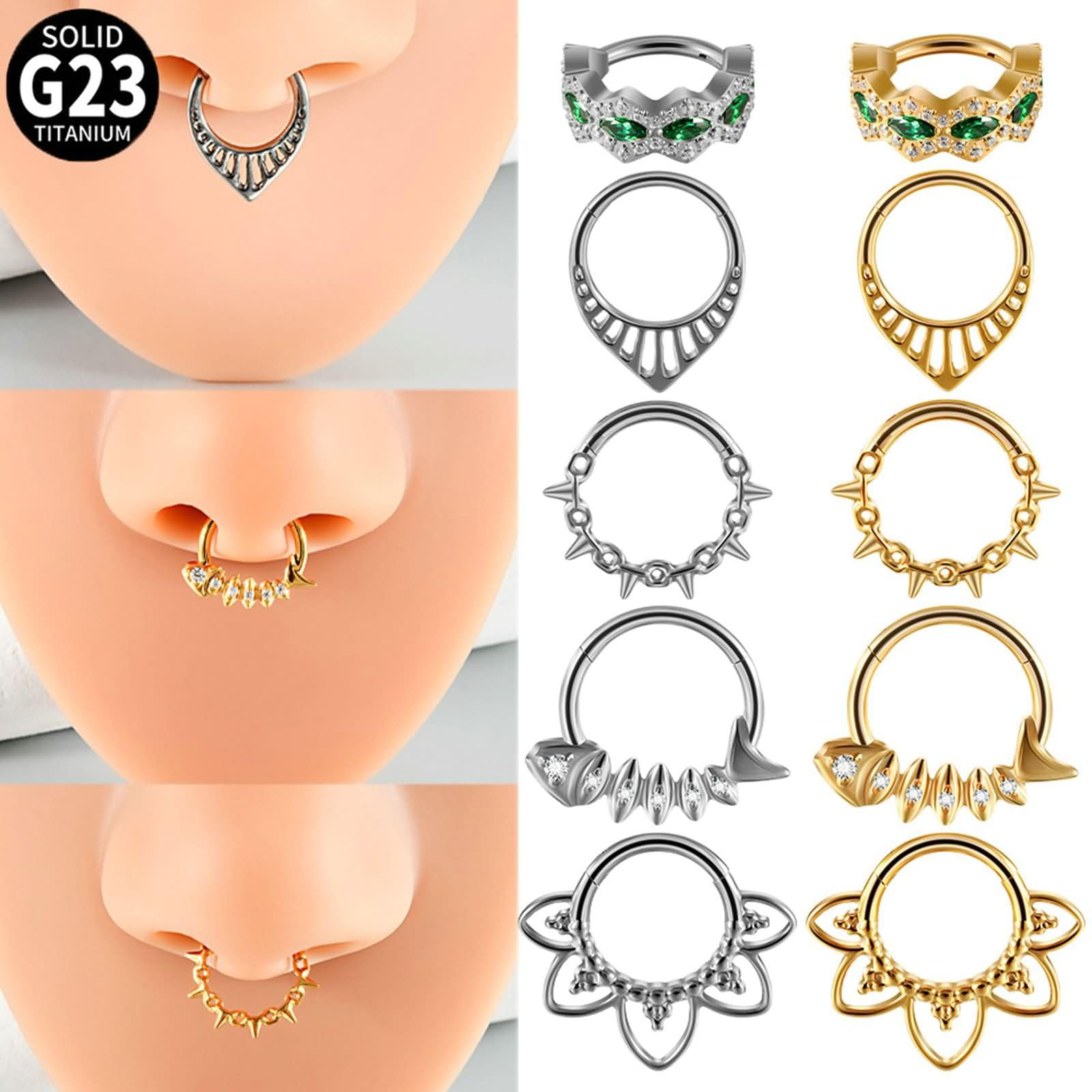 2 Stück Nasenflügelring 16G G23 Titan 1,2x8mm, Hoop mit Blumenrändern, Gold Nasenpiercing Damen