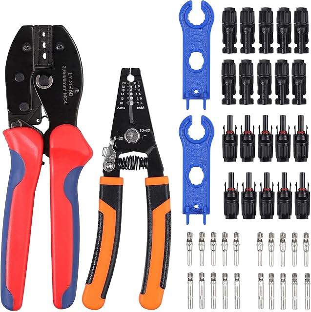 EYPINS Solar Crimper and Stripper for 2.5/4.0/6.0mm Solar Panel PV Cable, Wire Stripper Cutter Crimping Tool with 10 Pairs Male Female Connector 1 Pair Solar Connector Assembly Tool Spanner Wrench
