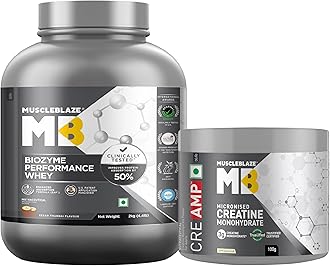 MuscleBlaze Biozyme Performance Whey Protein Powder, Kesar Thandai (2kg / 4.4lbs) & Micronised Creatine Monohydrate CreAMP Powder, Unflavoured (32 Servings, 100g) | Pack of 2