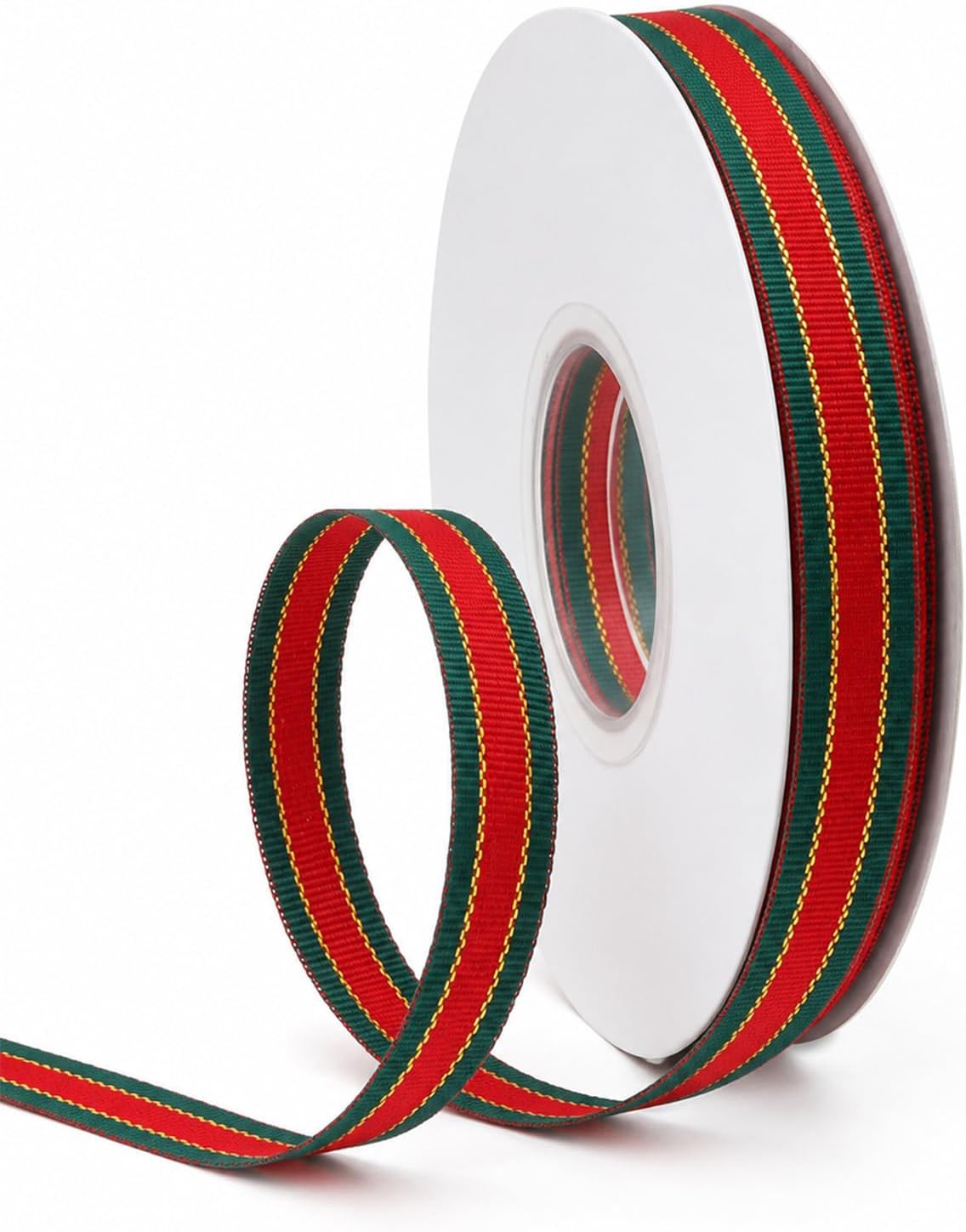 3/8 Inch Christmas Ribbon 25 Yards, Red and Green Stripe Satin Fabric Ribbons with Gold Glitter Threads for Gift Wrapping, Holiday Supplies Decor, Crafts