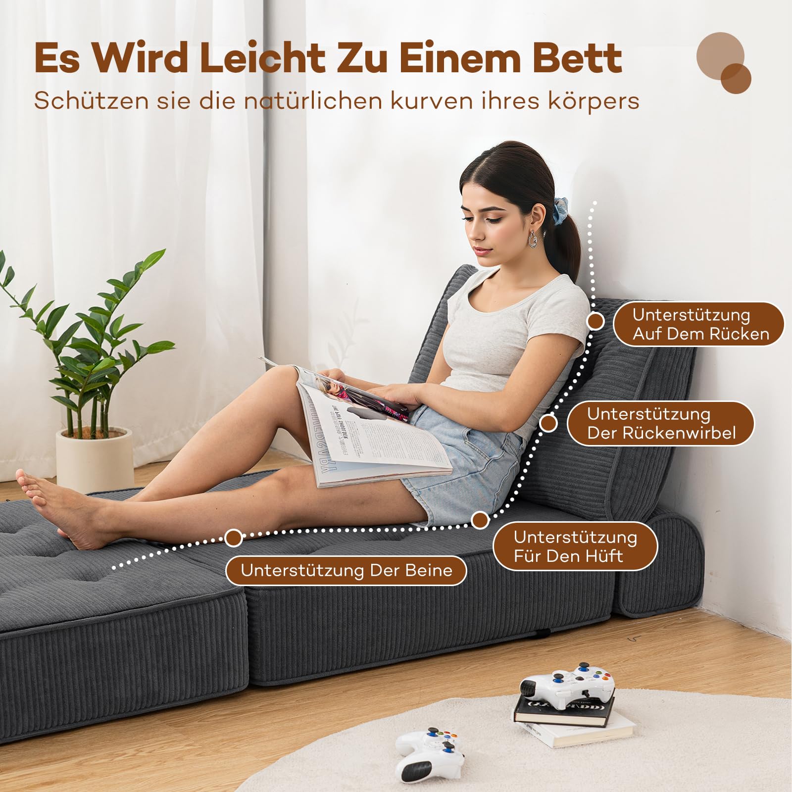 HOMMPA Faltbares Schlafsofa umwandelbarer 3-in-1 Sofa Bett Schlafsessel mit Kissen Sitzsack-Sofa Stuhl Komfortable Schlafcouch Bodensofa-Lounge für Schlafzimmer Wohnzimmer Grau 80CM