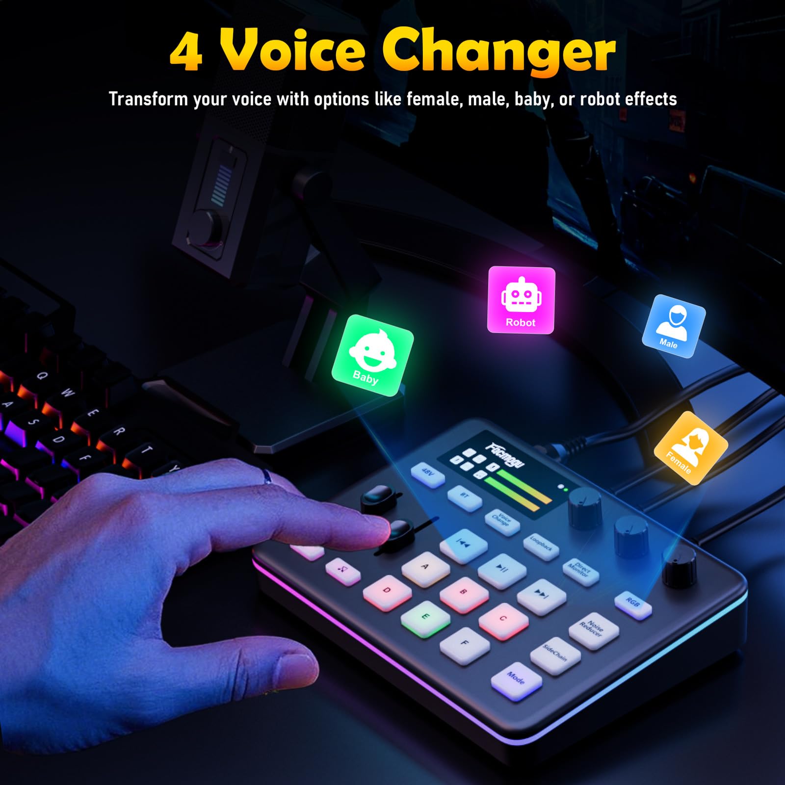 Facmogu G9 Gaming Audio Mixer, Audio Interface mit 3.5mm/XLR Mic In, RGB, Bluetooth, 48V Phantom Power, Voice Changer, Live Sound Card Board für Live Streaming, Podcast, Gaming - nicht für USB Mic