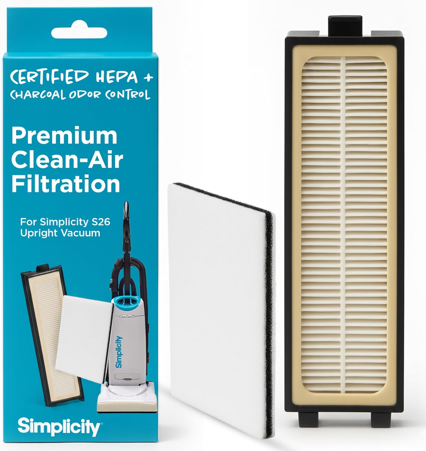 Simplicity Vacuums SF26 HEPA Filter Media Set for Simplicity Premium Allergy Upright Vacuum – Certified-HEPA Media Filter and Charcoal Infused Pre-Filter, Compatible with S26 Upright Vacuum Only