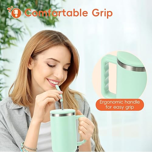 Miniatura 6 de VUSIGN Vaso de 40 onzas con asa y tapa con pajilla, vaso de acero inoxidable aislado al vacío, taza de viaje para agua, té helado, café, batido,