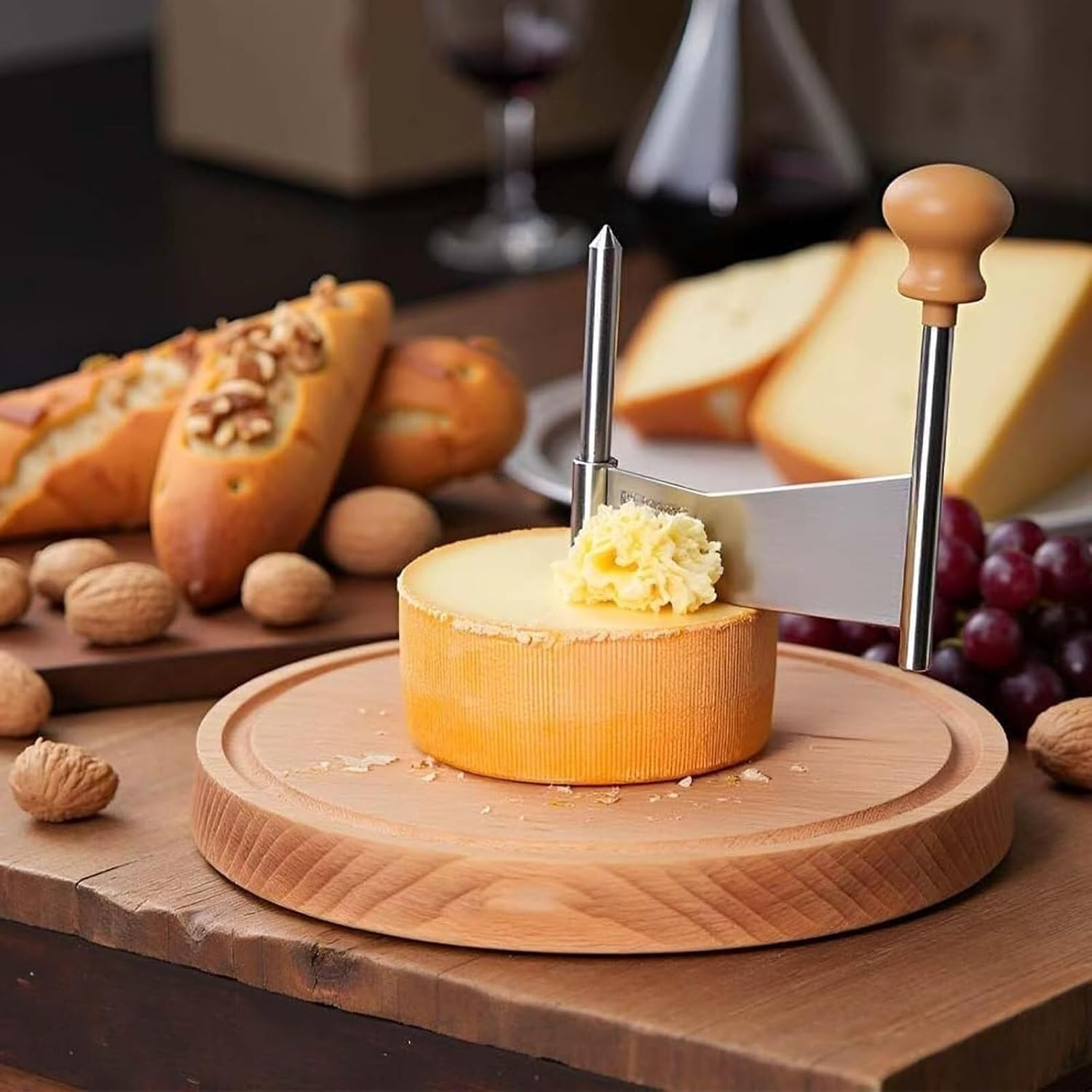 Cheese Curling Wheel with Lid, New 2026 Stainless Steel Flower Making Wheel, Sharp Blade and Chocolate Grater with Wooden Base, Easily Create Exquisite Cheese Roses(Lid+Handle)