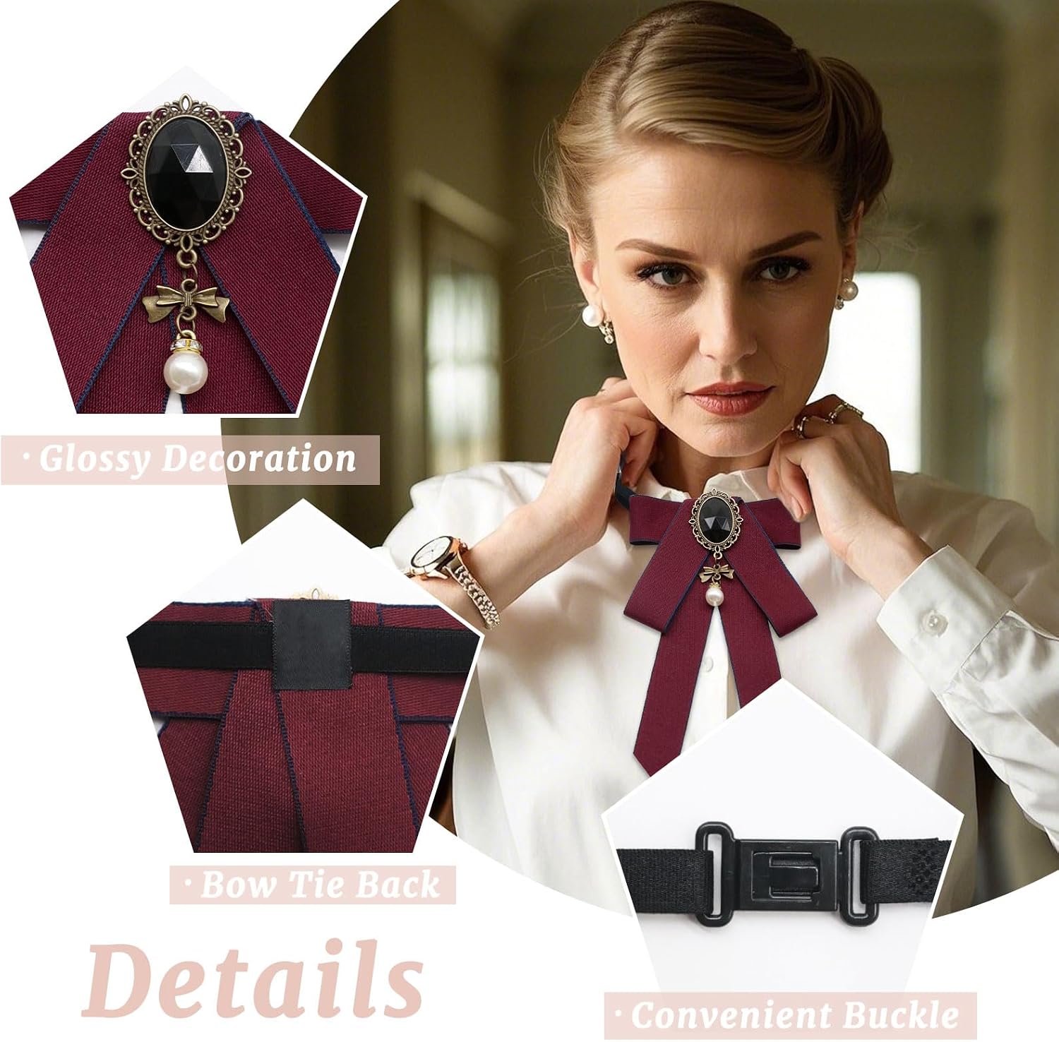 LJBFNN Bow Tie for Women Pre Tied Clip on Womens Bowtie with Ribbon Rhinestone for Shirt Uniform Wedding